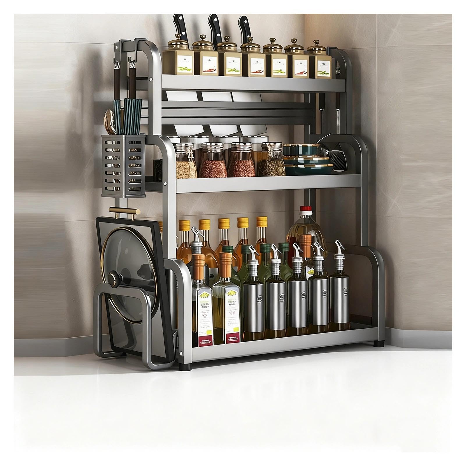 HADECOLL Sturdy Rust-Free Metal Spice Rack With Knife Holder, Freestanding Large Spice Tray With Hooks And Utensil Holder, For Kitchen Counter, Office, Living Room,Grey-3 Tier-15.7in