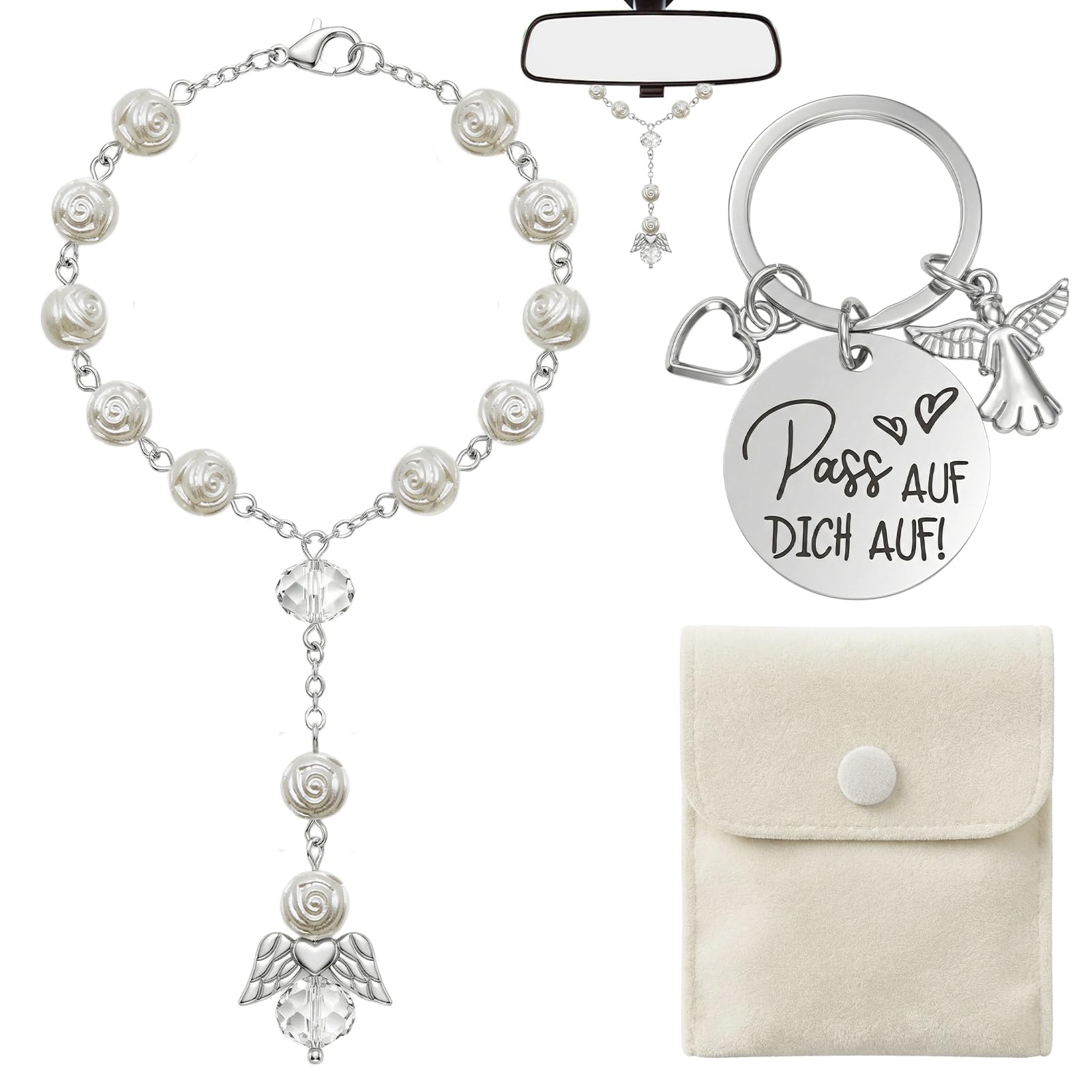 Hpbaggy Schutzengel Rosenkranz Auto Deko Set, Perlen Rosenkranz Auto-Spiegel Anhänger & Schlüsselanhänger inklusive Samt Aufbewahrungsbeutel, Glücksbringer Geschenk für Frauen Männer