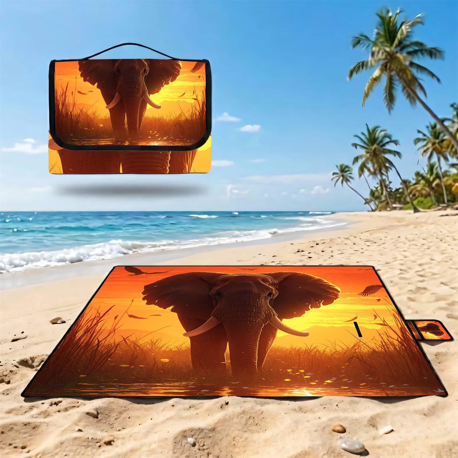 Couverture Pique Nique Grande 200x300cm,Outdoor Couverture Imperméable,Pliable Tapis de Plage Dos en PVC,Picnic Blanket pour Camping Accessoires,Jardin,Parc,Famille - Coucher de Soleil,éléphant UZ-94