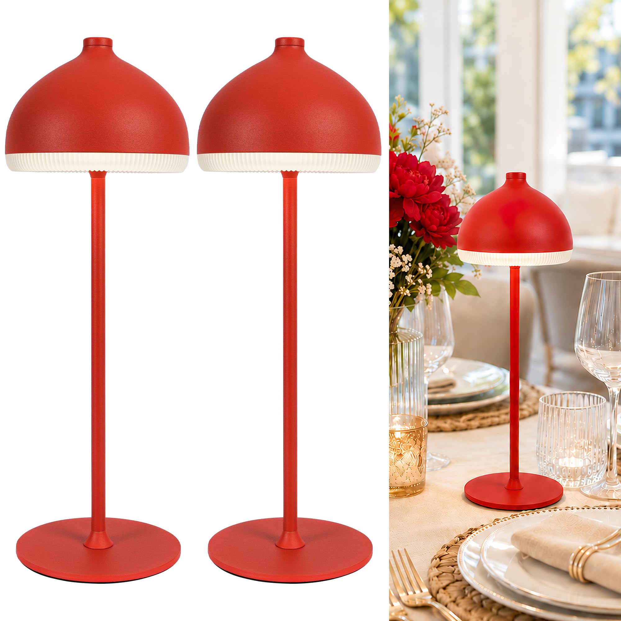 LuminexDesigns 2-Pack Cordless Table Lamp–5200 mAh Rechargeable LED Bedside & Bathroom Lamp with 3 Light Colours,Dimmable Touch Control,Portable Lamp for Office,Living Room,Ruby Red