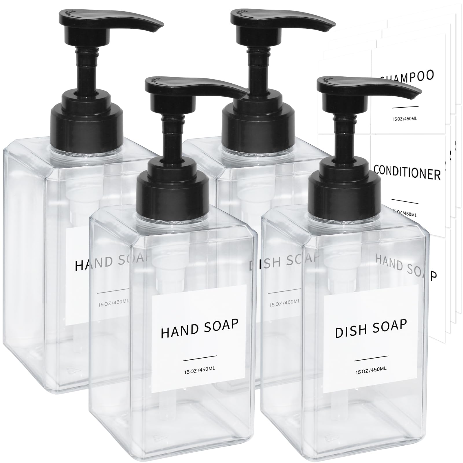 Clear Soap Dispenser with Waterproof Labels, Thickened Plastic Hand Soap Dispenser for Bathroom, Kitchen Dish Washing Liquid Bottles, Shampoo and Conditioner Bottles with Funnel (15oz 4Pack Clear)