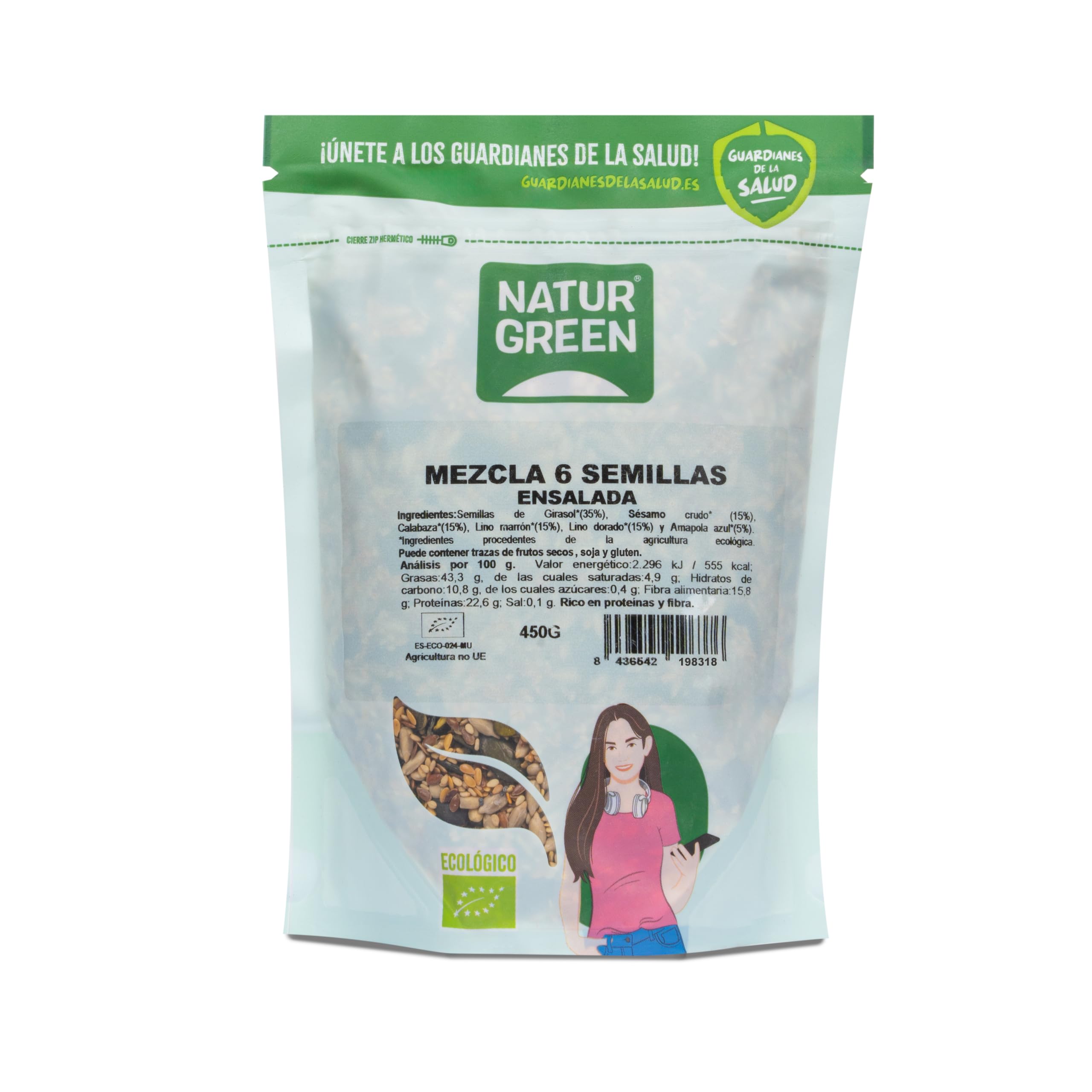 NaturGreen Mezcla 6 Semillas para Ensalada Bio 10 x 450 g, Lino, Girasol, Calabaza, Cáñamo, Sésamo, Chía, Omega 3, Fibra, Proteína, Sin Gluten, Vegano