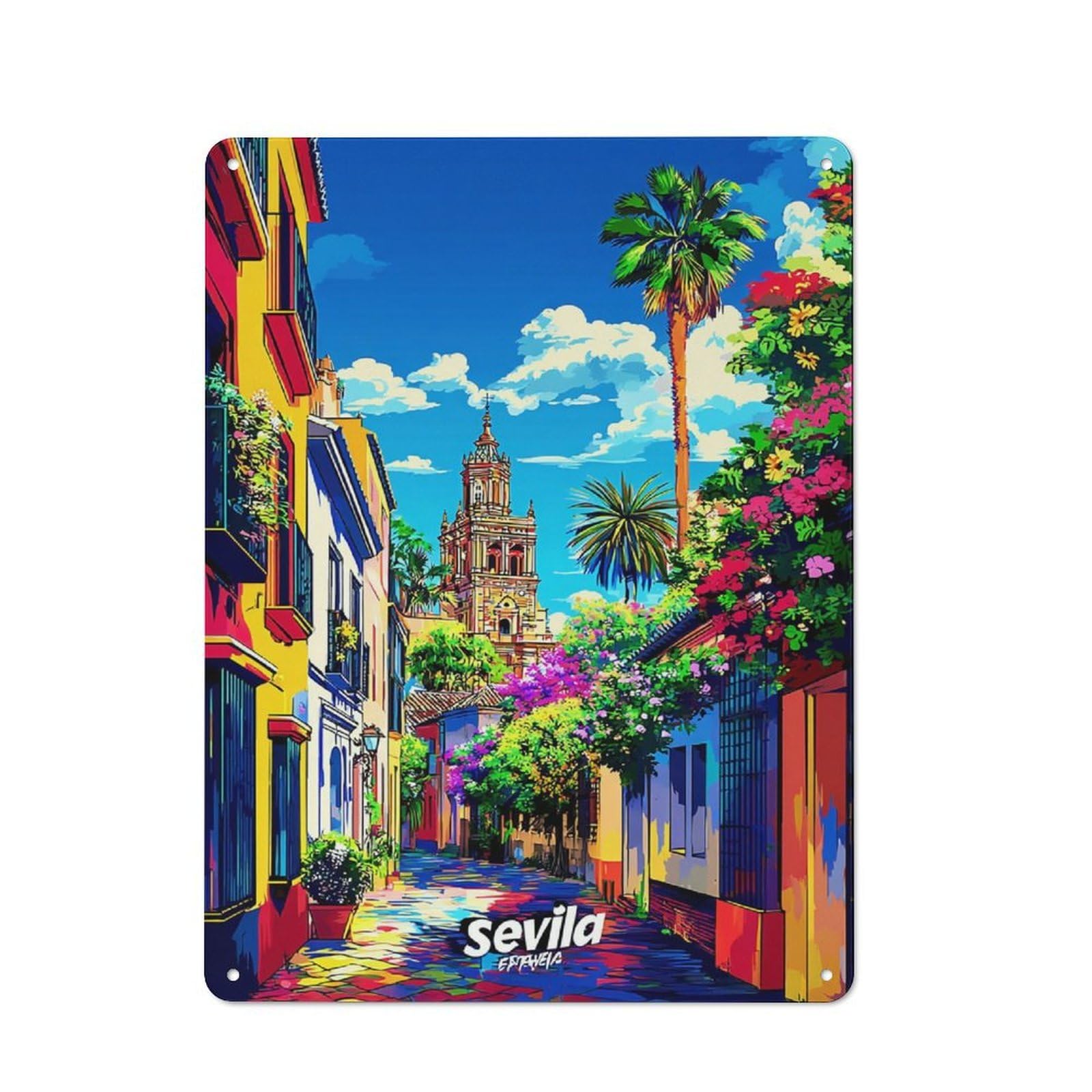 Junmoney Colorful Seville Street Scene-1 Industrial Tin Sign 40X30cm, Garage Wall Decor For Garage, Hobby Room, Office Or Man Cave