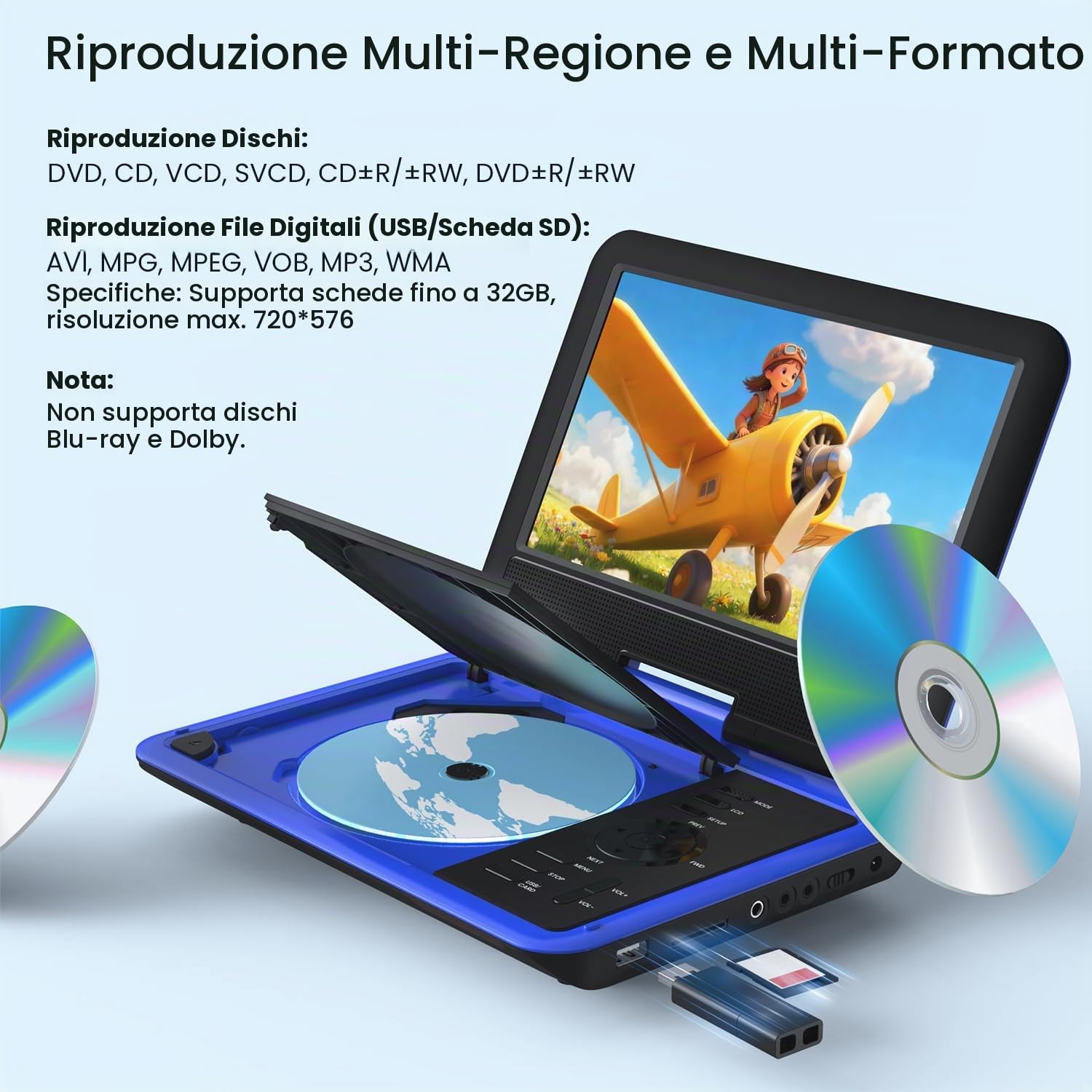 ieGeek Lettore DVD portatile da 11,5 pollici con batteria 5 ore, scheda SD, ingresso USB e uscita AV, schermo girevole a 360°, funzione di ripresa, indipendentemente dalla regione