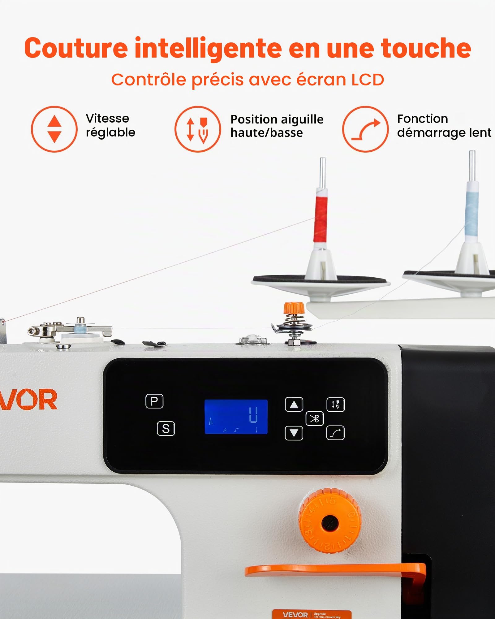 VEVOR Machine à Coudre Industrielle, 550 W Ensemble Machine à Point Noué avec Servomoteur et Table de Couture, Vitesse 5000 PPM, Coupe-fil Automatique, Écran LCD, Éclairage LED, pour Coton et Denim