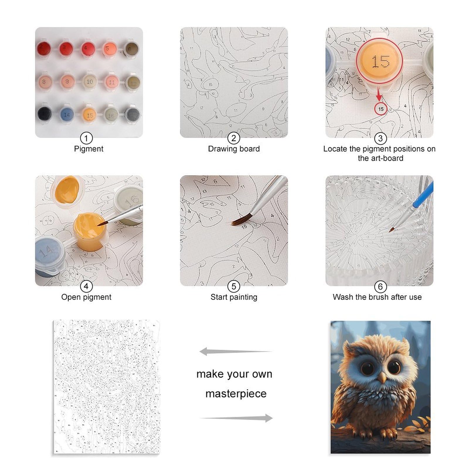 TKJMCSW Malen nach Zahlen-Set mit niedlichem Eulen-Motiv, für Erwachsene, Anfänger, Erwachsene, Malen nach Zahlen, Kits auf Leinwand, DIY-Acryl-Ölfarben, Gemälde mit Pinseln als Geschenk