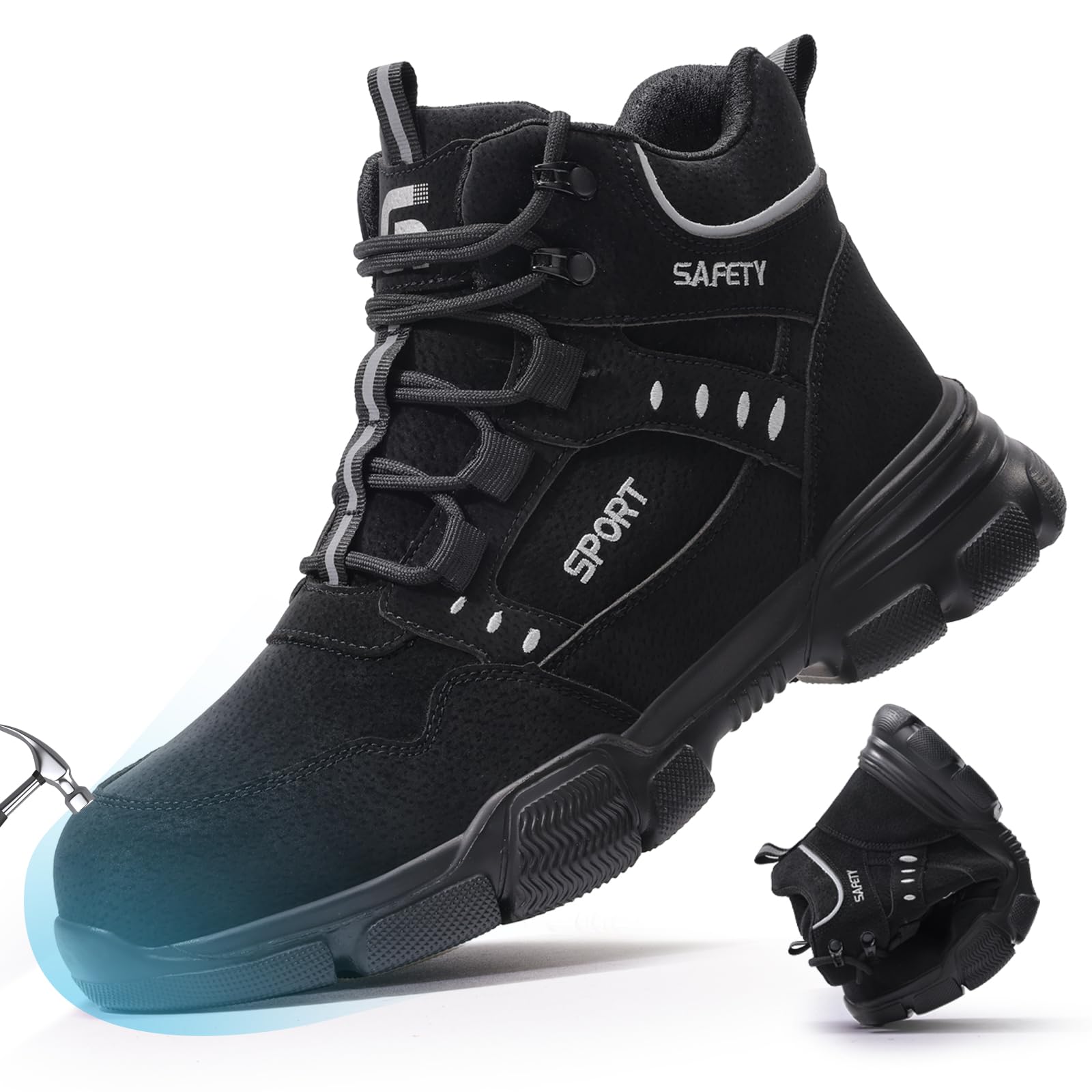 Safety Shoes Mens Work Boots Waterproof Lightweight Steel Toe Cap Boots Industrial Construction Sites Puncture Proof Shoes, Pitch Black Work Shoes, 10.5 UK-image-32