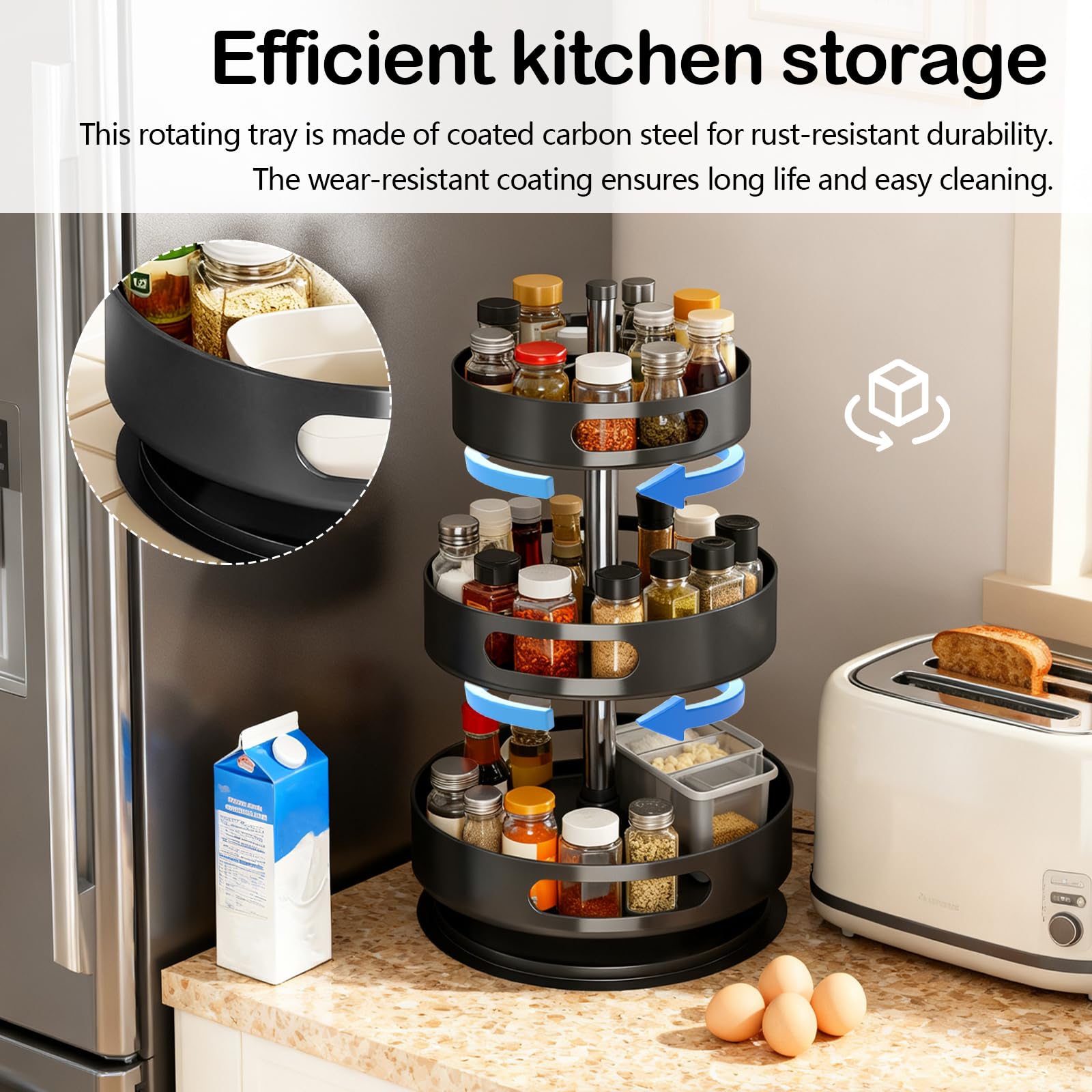 Portaspezie Girevole a 3 Livelli, Organizzatore Spezie in Metallo Lazy Susan per Armadietti, Porta Spezie Girevole per Cucina, Organizer Regolabile in Altezza per Cosmetici Bagno
