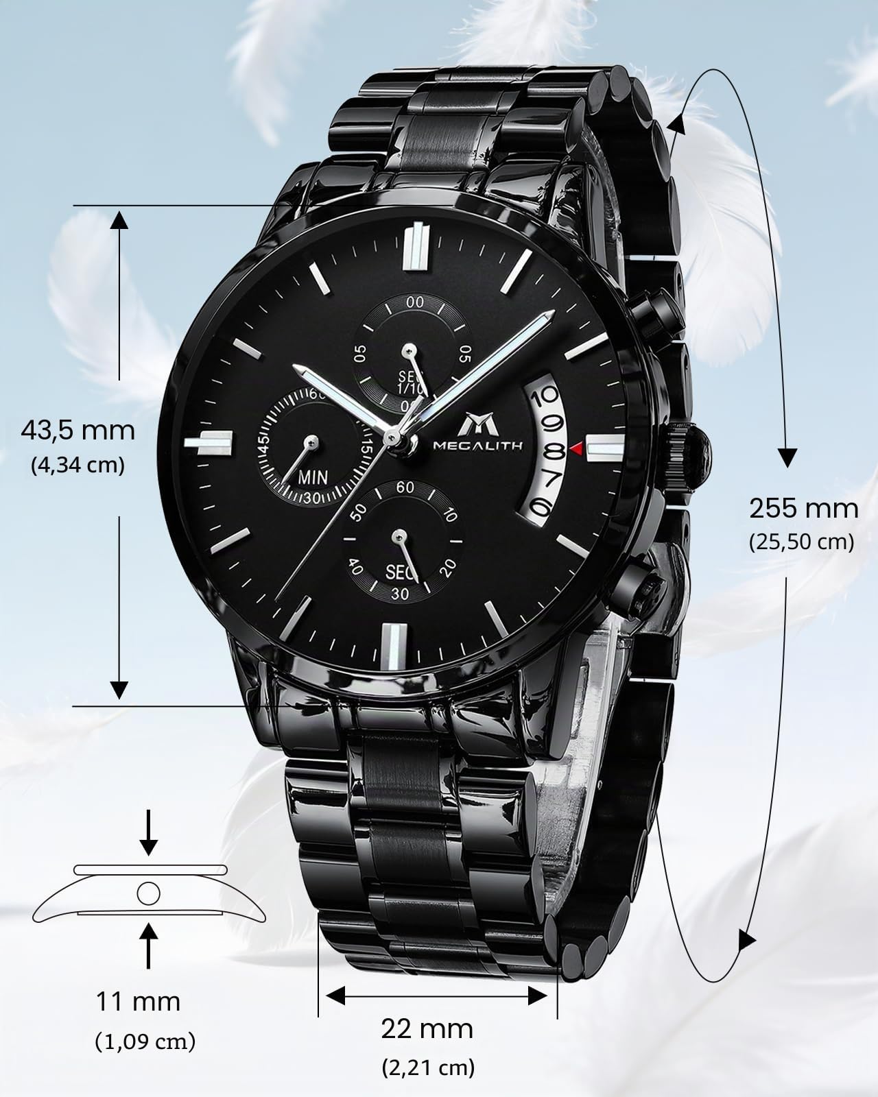 MEGALITH Herrenuhr Edelstahl Chronographen Armbanduhr: Großes Ziffernblatt Uhren Herren Wasserdicht Leuchtende Datum für Arbeit und Freizeit - Stylisch Geschenk für Männer