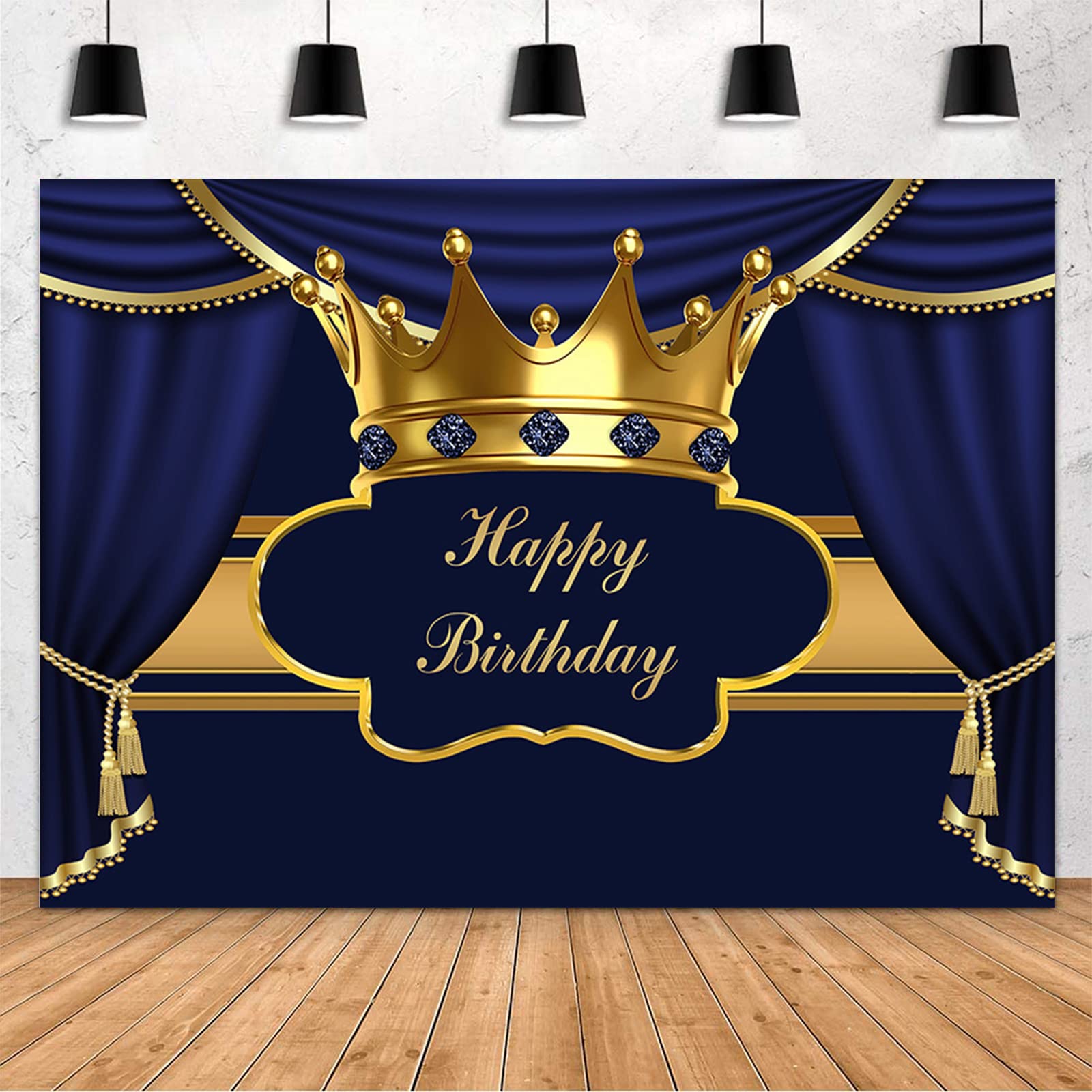 MEHOFOND Royal Blue Birthday Backdrop for Adult Man Prince Birthday Decorations Banner Gold and Blue Curtain Crown Gemstone Photography Background
