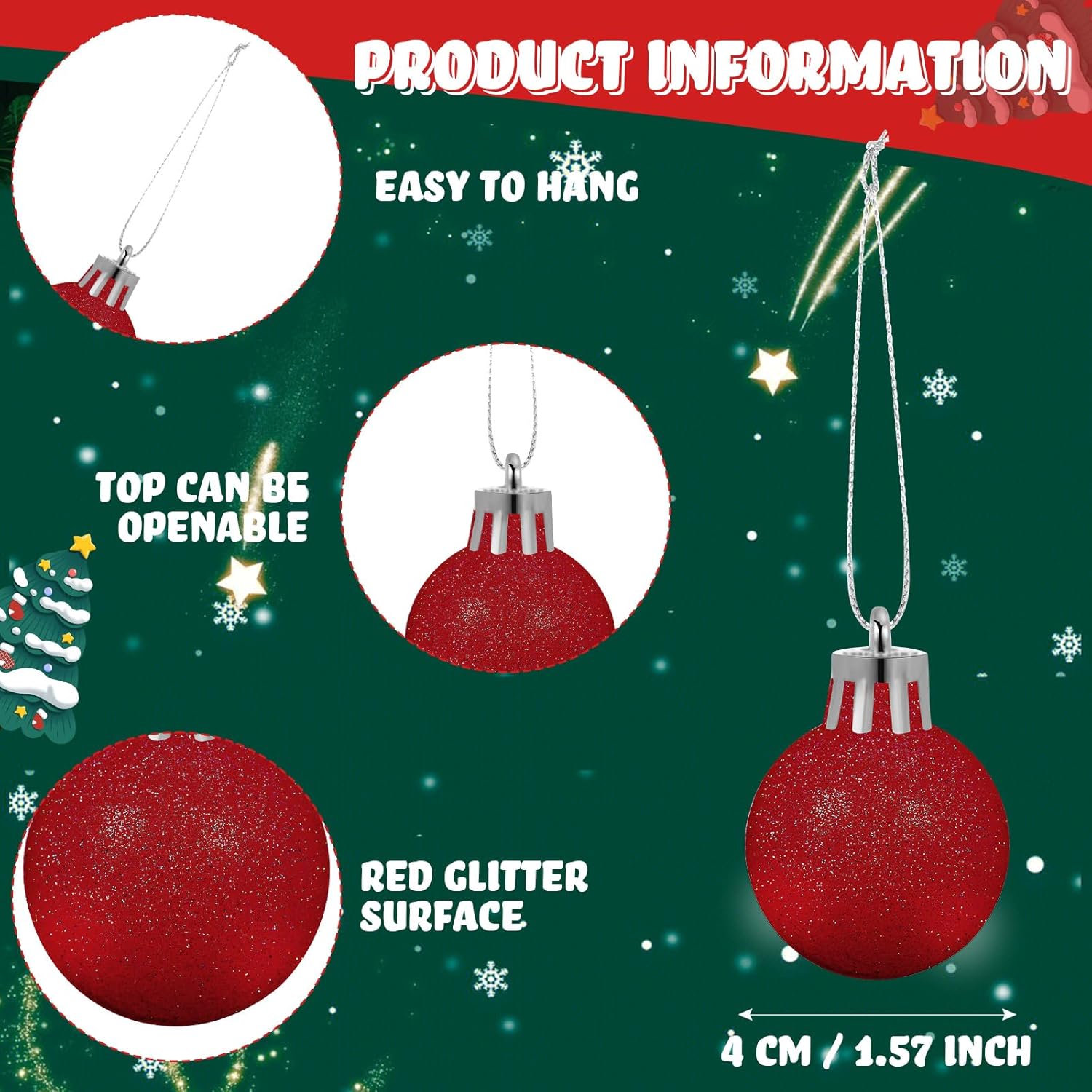 36 Pcs 1.57 inches Red Christmas Ball Christmas Tree Ornaments Christmas Tree Pendants Xmas Shiny Balls Baubles Set Christmas for Christmas Tree Hanging Wreath Garland Decorations?Red Glitter? Red Glitter (36 Pcs) 1.57 inches
