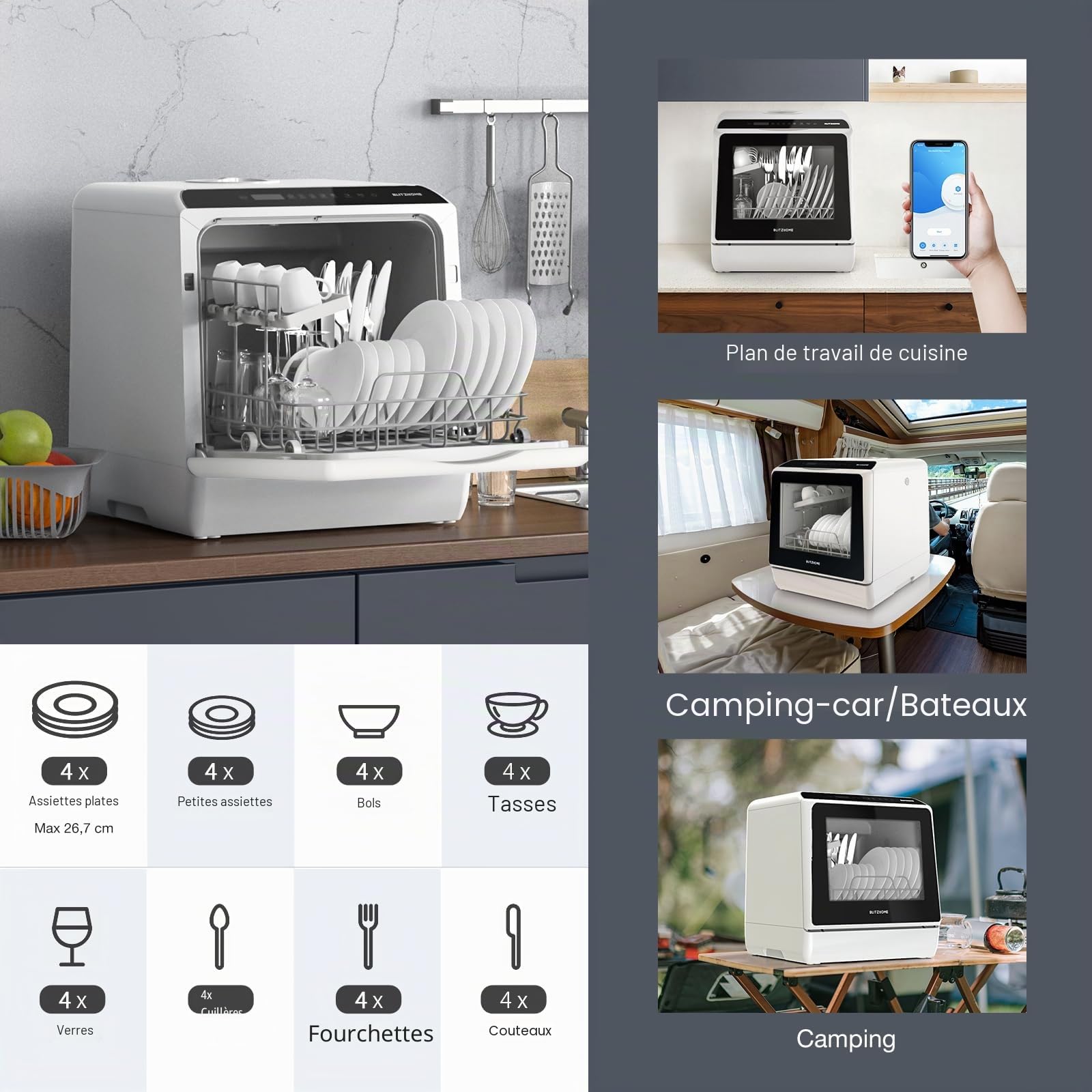Mini lave-vaisselle BLITZHOME, contrôle par application, 6 programmes, lave-vaisselle de table intelligent et portable avec réservoir d'eau de 5L, utilisable avec ou sans raccordement à l'eau, séchage