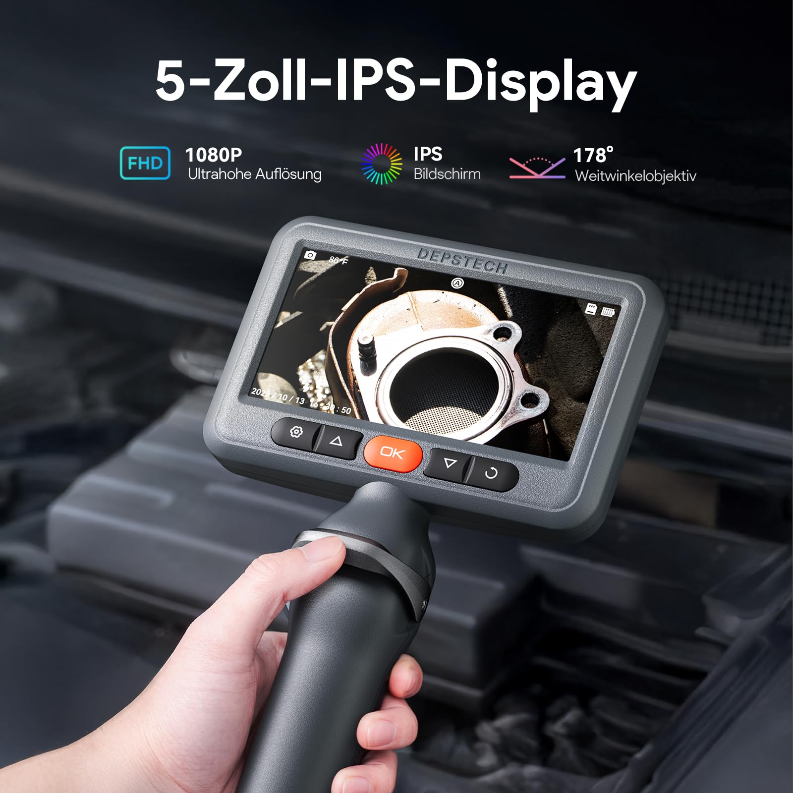 DEPSTECH Dual Lens Endoskopkamera mit Licht, 1080P Drehbar Endoskop, 5 Zoll IPS-Bildschirm Inspektionskamera beweglicher Kopf, Rohrkamera mit 6+1 LEDs, 32G Karte und Tragetasche-1.5M