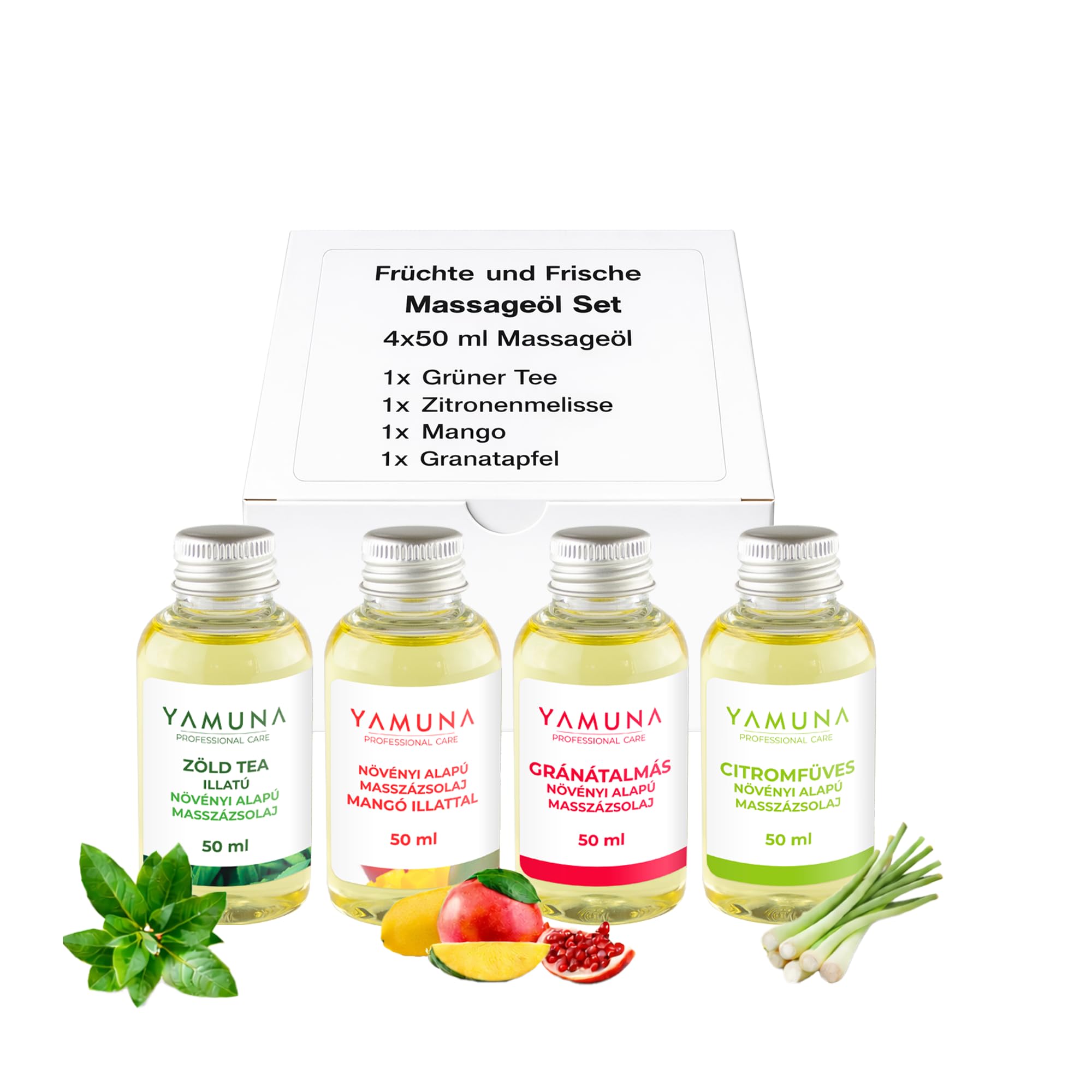 YAMUNA NATRUAL Beauty zestawy olejków do masażu i świeżych owoców w pudełku prezentowym, naturalna pielęgnacja i podróż zapachowa dla zmysłów, 200 ml (4 x 50 ml) – 100% olejki roślinne, wellness i