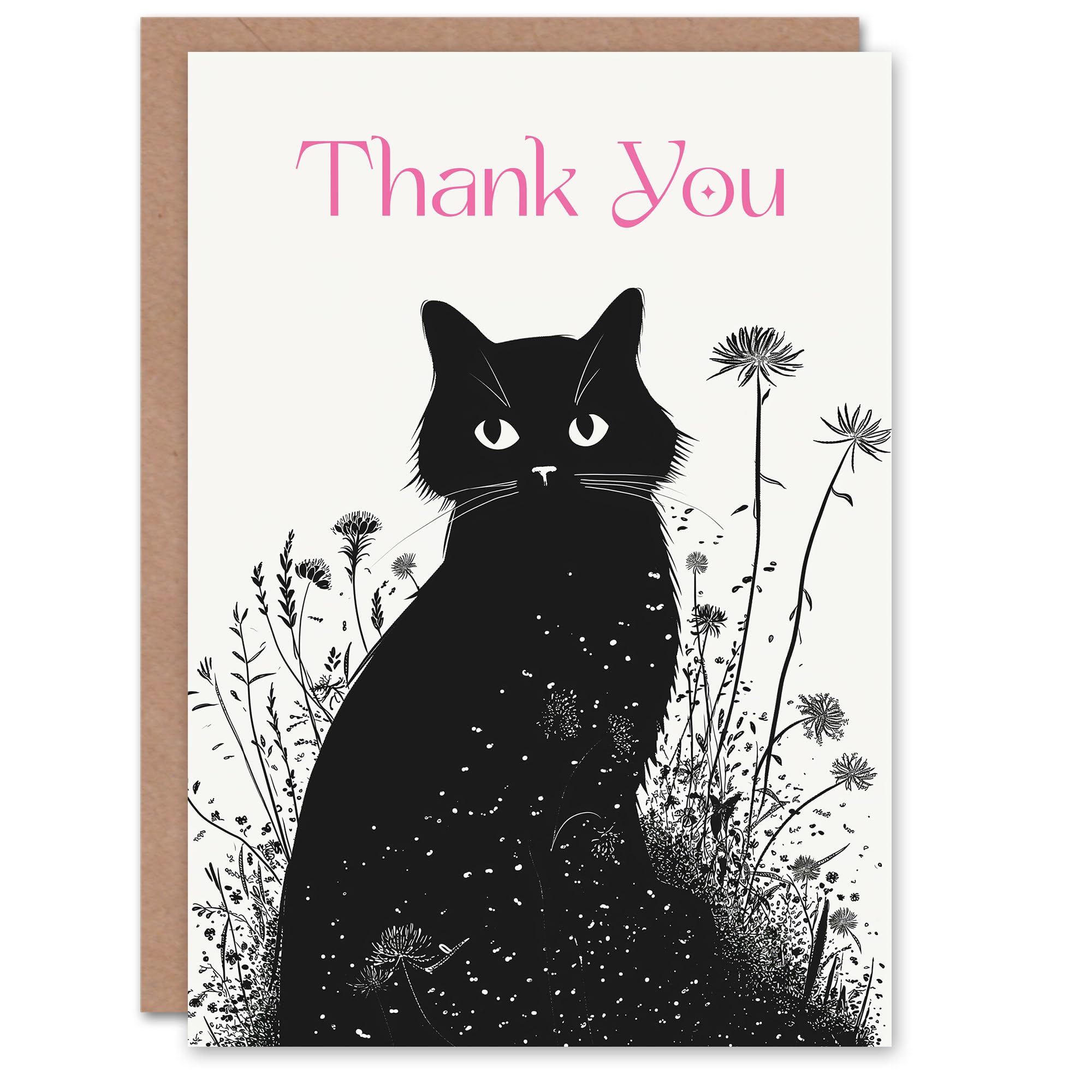 Artery8 Greeting Card - Cat Lover Wildflower Design - Black