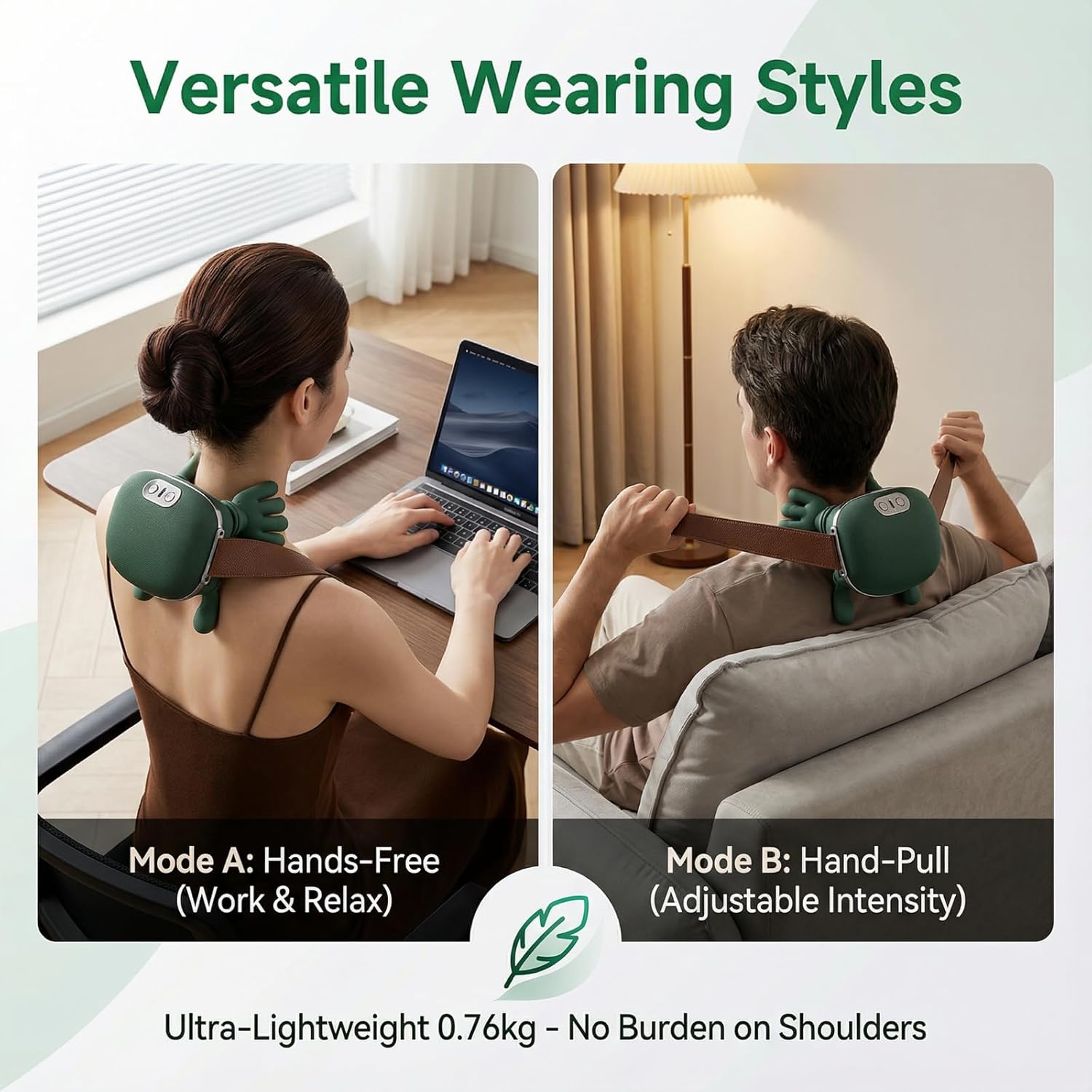 Cordless Neck and Shoulder Massager with Heat, Bionic 4D Kneading Deep Tissue Back Massager, Hands-Free Wearable Design for Muscle Relaxation, Green