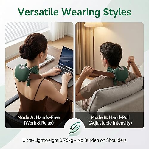 Miniatura 5 de Shiatsu Masajeador de cuello y espalda con calefacción, herramienta inalámbrica de relajación de amasamiento profundo, diseño ergonómico verde para
