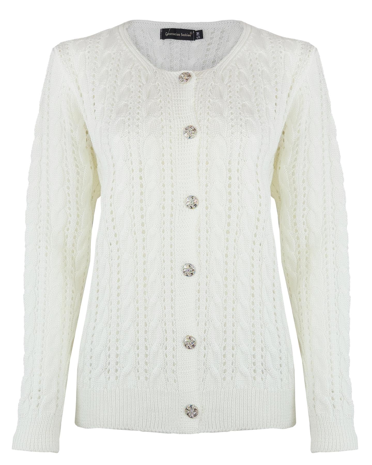 New Ladies Women Knitted Long Sleeve Cable Knit Button Cardigan Long Sleeve Top Sweater Jumper [Cream,SM]