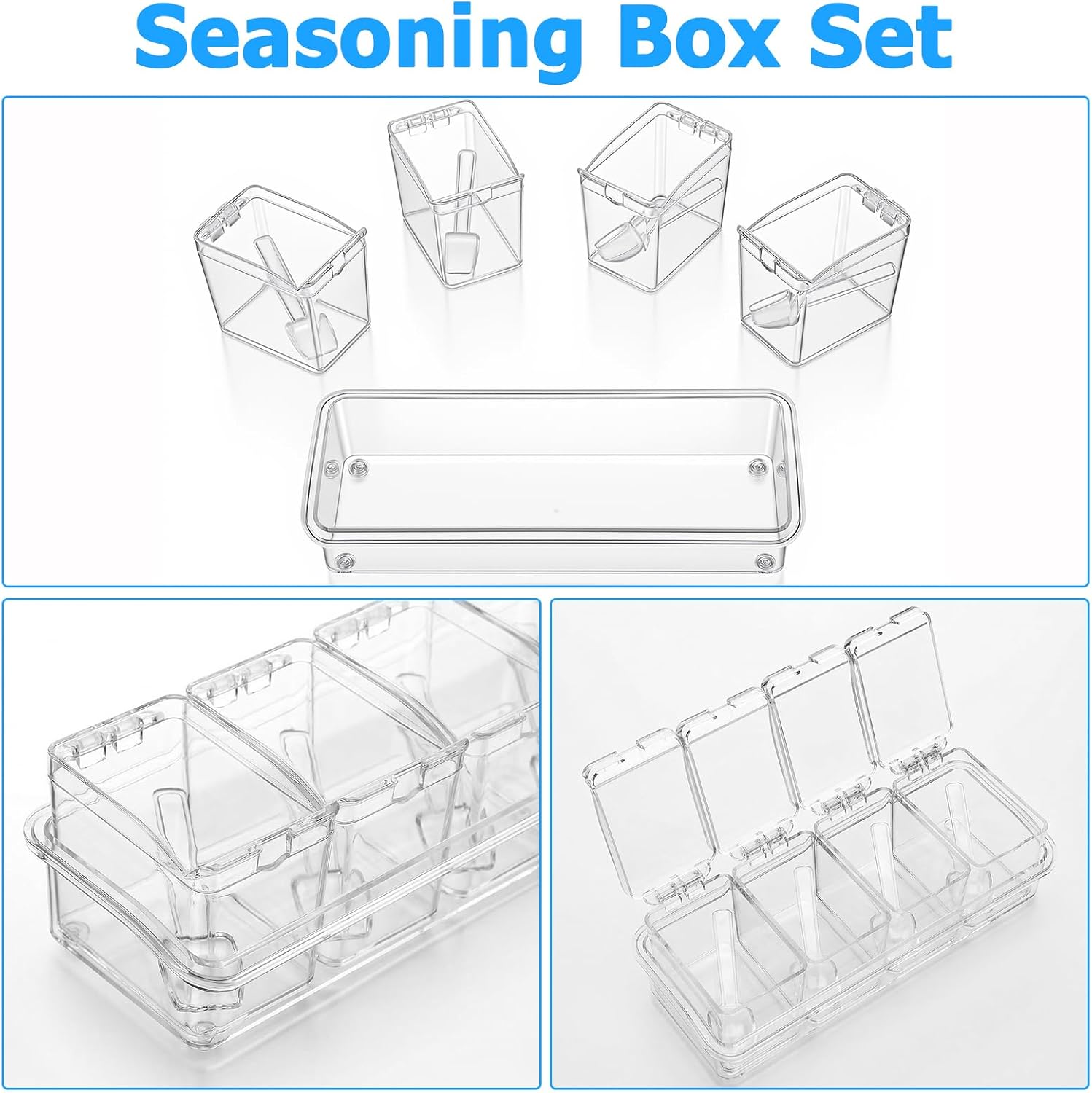 Acrylic Seasoning Organizer Set - 4 Sets of Salt Containers with Lids and Spoons, 16-Piece Spice Rack for Kitchen, Hot Cocoa Bar Supplies, Topping Containers for Sugar, Tea, Coffee, 10 x 4 x 3.3 In
