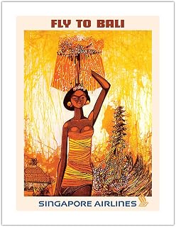 Fly to Bali Indonesia - Balinese Royal Cremation - Singapore Airlines - Vintage Airline Travel Poster by Seah Kim Joo c.1960s - Bamboo Fine Art 290gsm Paper (Unframed) 17x22in
