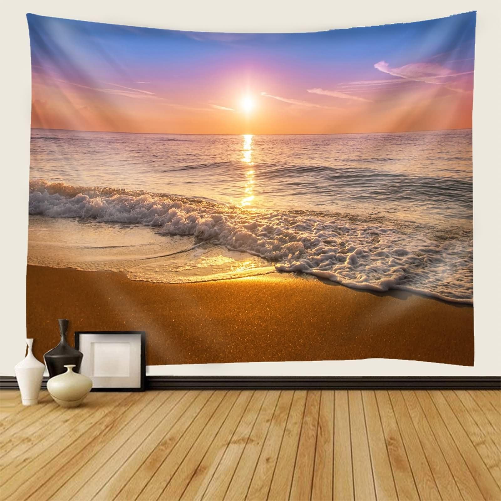 Homxi Dekoracja na ścianę, krajobraz, okno, 200 x 200 cm, plaża i zachód słońca, krajobraz, dywan ścienny, krajobraz, poliester, brązowy, niebieski