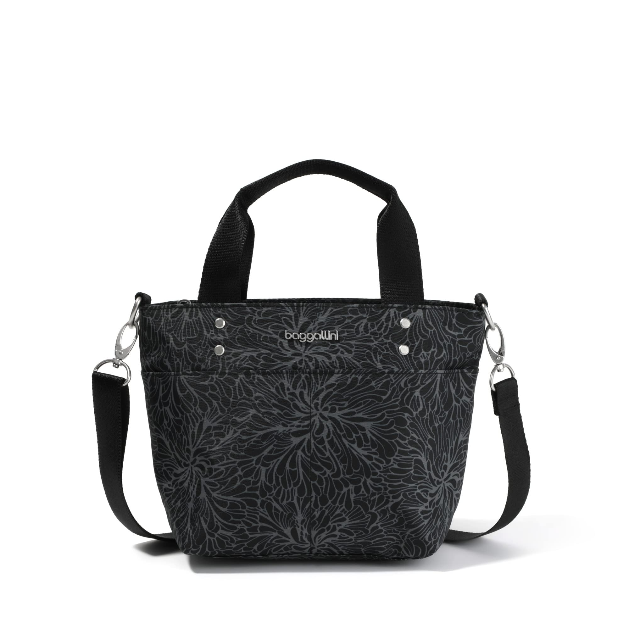 Baggallini Women's Mini Carryall Tote Crossbody Bag, Midnight Blossom Print, One Size