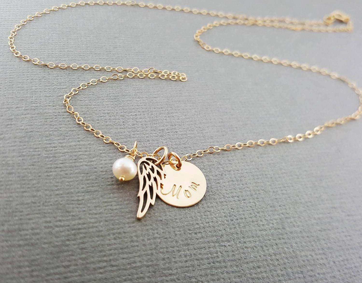 Angel Wing Memorial Necklace – Gold Filled “Mom” Remembrance Jewelry with Freshwater Pearl, Sympathy Gift
