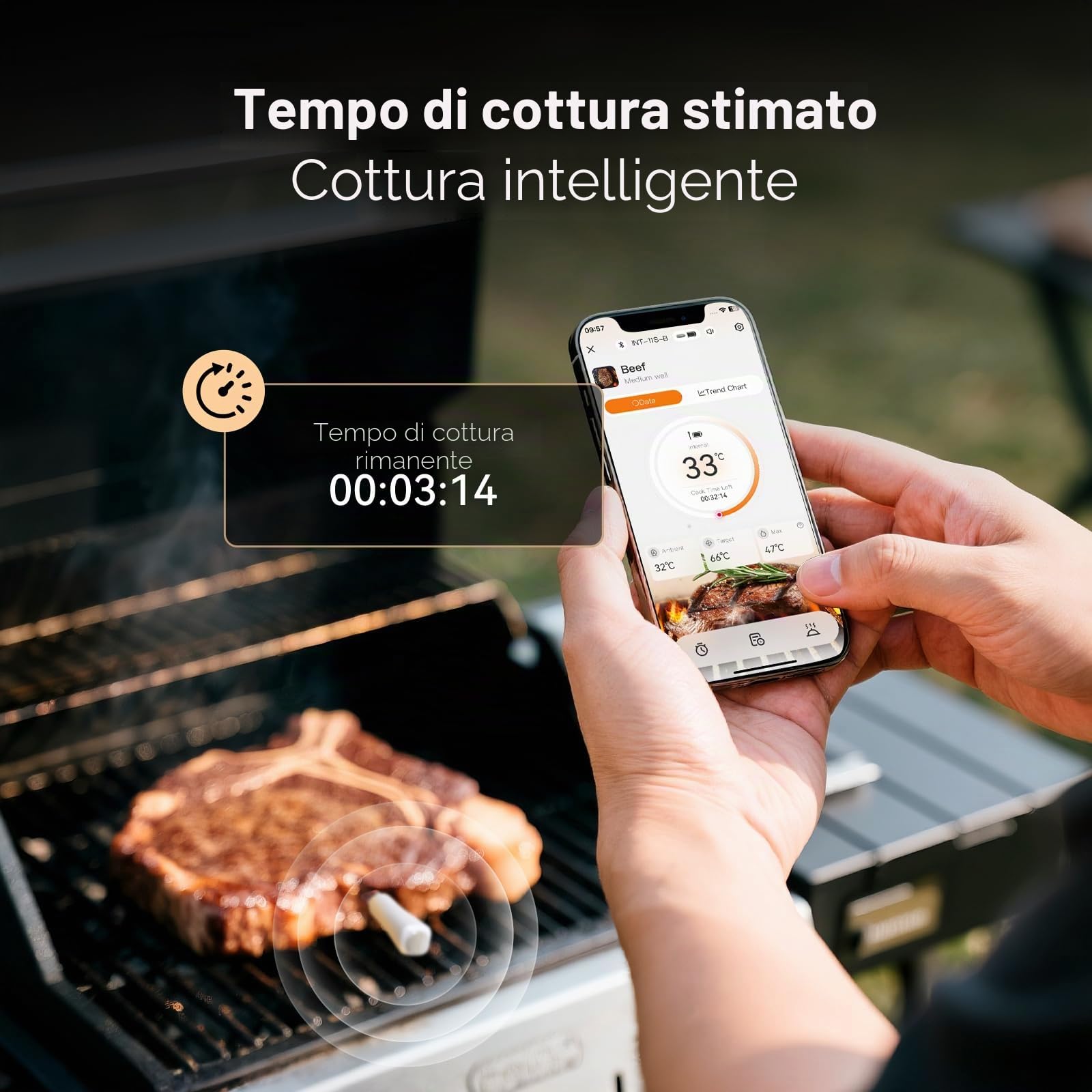 Termometro per carne Bluetooth INKBIRD INT-11S-B, sonda per carne multisensore ultra precisa, con allarmi di temperatura alta e bassa e stimatore del tempo di cottura, ideale per principianti e chef