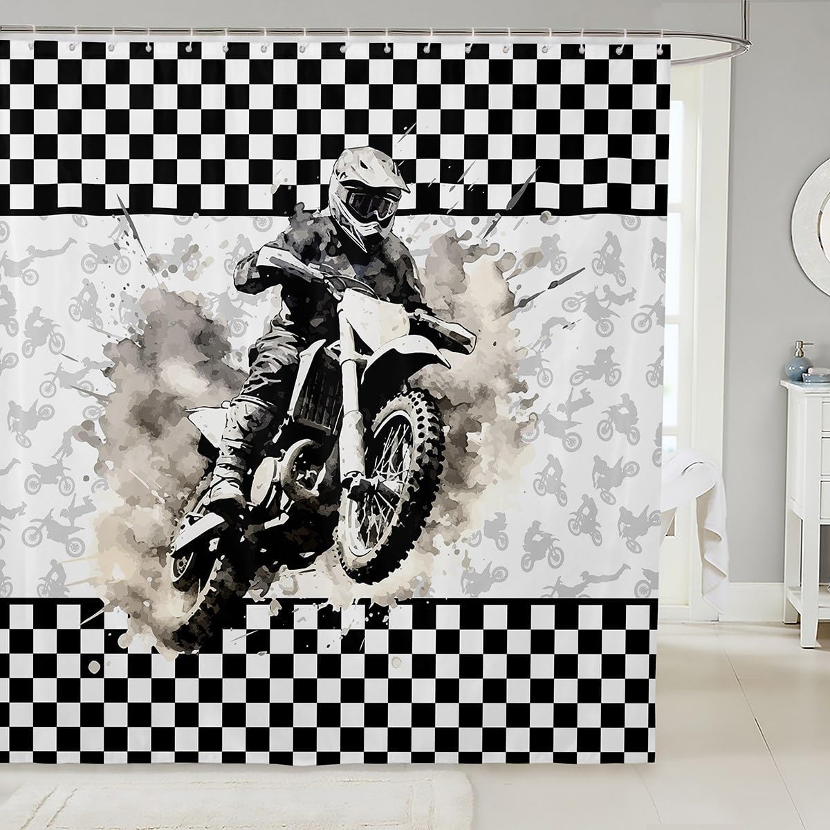 Castle Fairy Motorcycle Shower Curtain,Motocross Rider Racing Cool Graffiti Bath Curtain with 12 Hooks,Dirt Bike Black White Checkered Waterproof Bathroom Accessories for Bathtublet, 72Wx84L inch