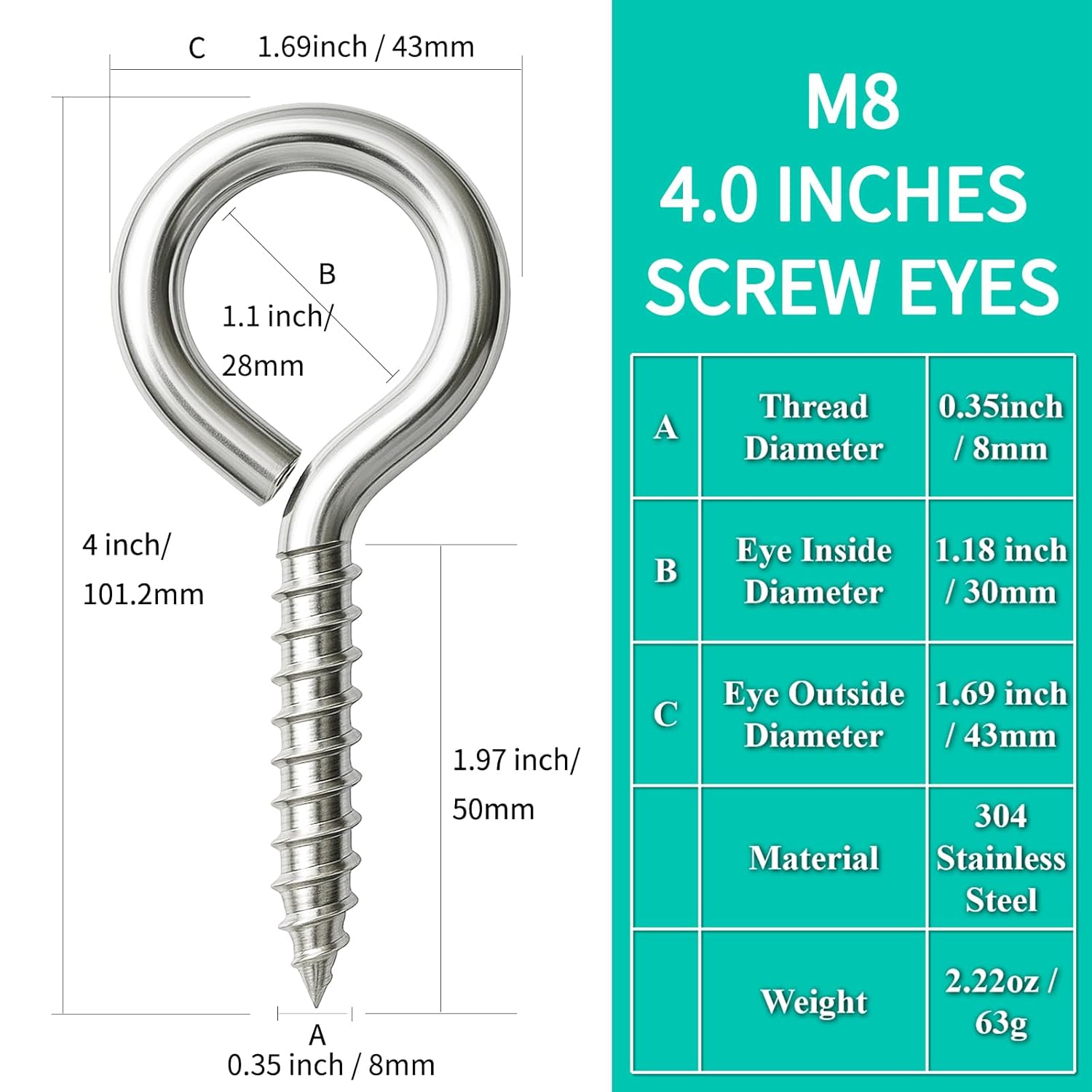 4 Inch Heavy Duty Screw Eye Hooks - 2 PCS Self-Tapping Eye Bolts for Wood | M8 Large Eye Screws with 500lbs Load Capacity for Hammocks Yoga Swings Cable Wood Securing Indoor & Outdoor Use (2) - Image 2