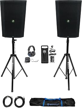 Audiosavings Bundle 2 Mackie Thump215XT 15" Speaker Bundle with Pair of Rockville Adjustable Tripod Speaker/Light Stands, Rockville DJ1500 DJ Headphone + Rockville RMC-XLR DJ Microphone 5 Items