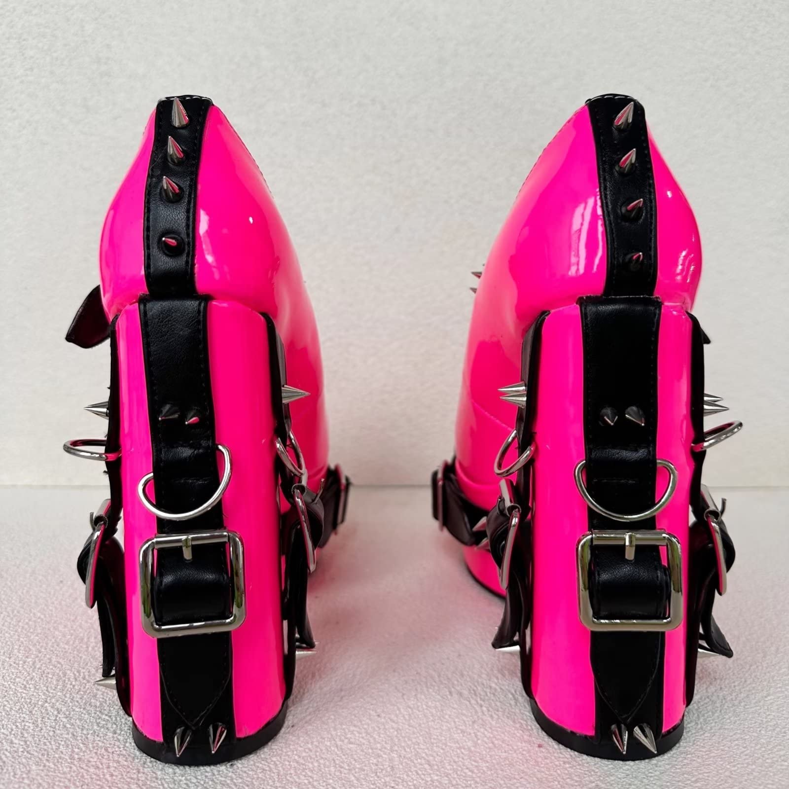 Frankie Hsu Women's Gothic Large Size Black Patent Leather Buckle Belt Ring Rivet Shinny Sexy Platform Chunky High Heels Ankle Strap Heeled Bootie Shoes: 13 Neon Pink