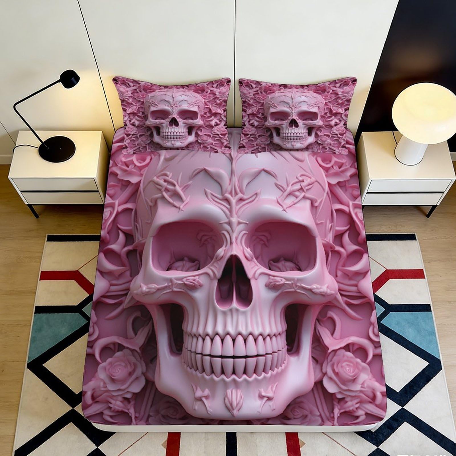 3D Printed Pink Skull Rose Fitted Sheet Microfiber Anti-Slip Bed Cover for Bedroom Dorm Mattress Decor 120x200cm 160x200x25cm