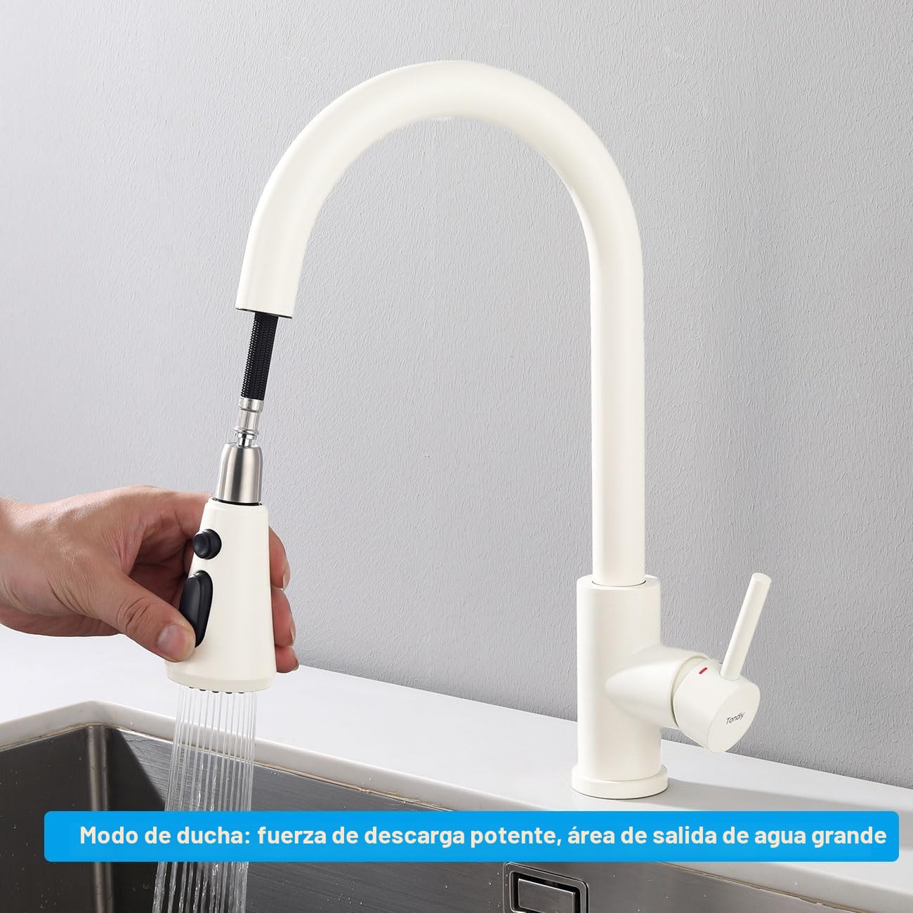 Grifo de Cocina Extraíble Blanco con 3 Modos, Mezclador de Fregadero con Ducha Extensible, Grifería Monomando con Caño Giratorio 360°, Acero Inoxidable 304, Aireador Extraíble, Alta Presión
