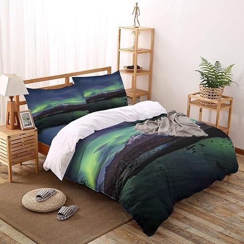 Miniatura 3 de FOREVER20 Home Juego de ropa de cama de 4 piezas, funda de edredón tamaño Queen, funda de edredón con estampado Alaska Aurora, sábana encimera,
