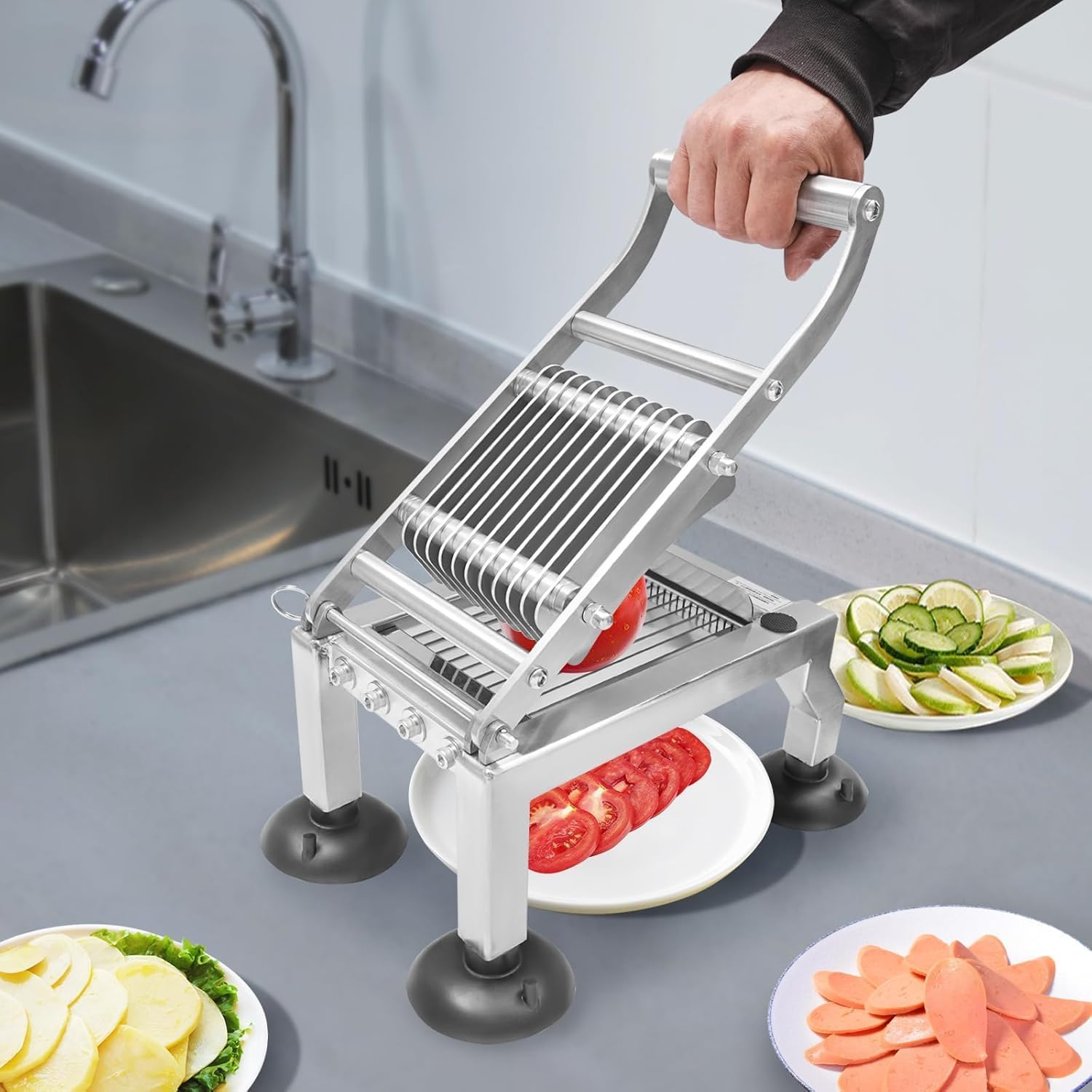 Professioneller Manueller Tomatenschneider, Gemüseschneider Aus Edelstahl Mit Einstellbarer Schnittstärke, Mit 4 Rutschfesten Saugnäpfen, Schnittstärken 5 Mm/10 Mm/15 Mm Für Gurken, Zwiebeln