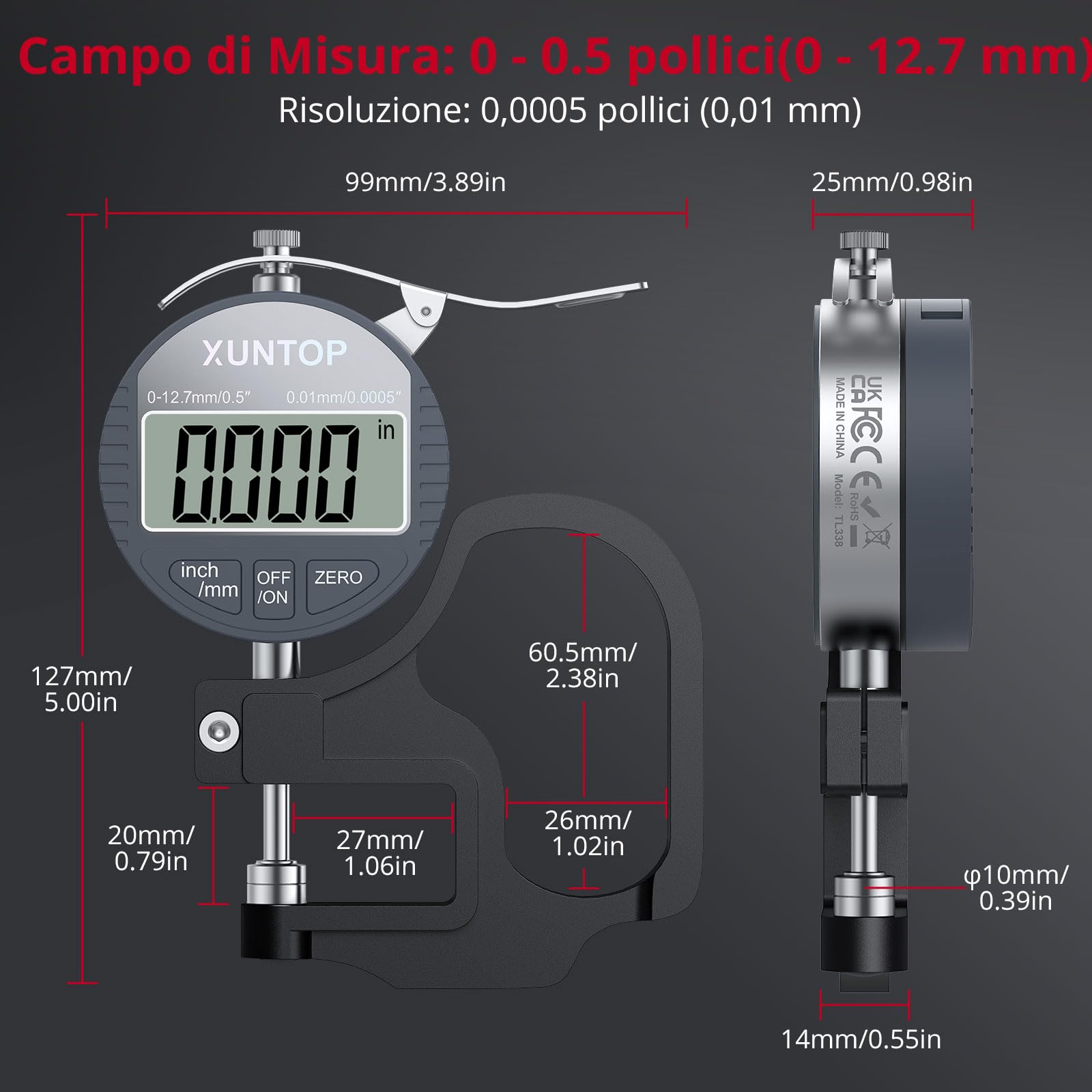 Spessimetro Digitale 0-12,7mm 0,01mm Display LCD Calibro Elettronico con Auto-Spegnimento