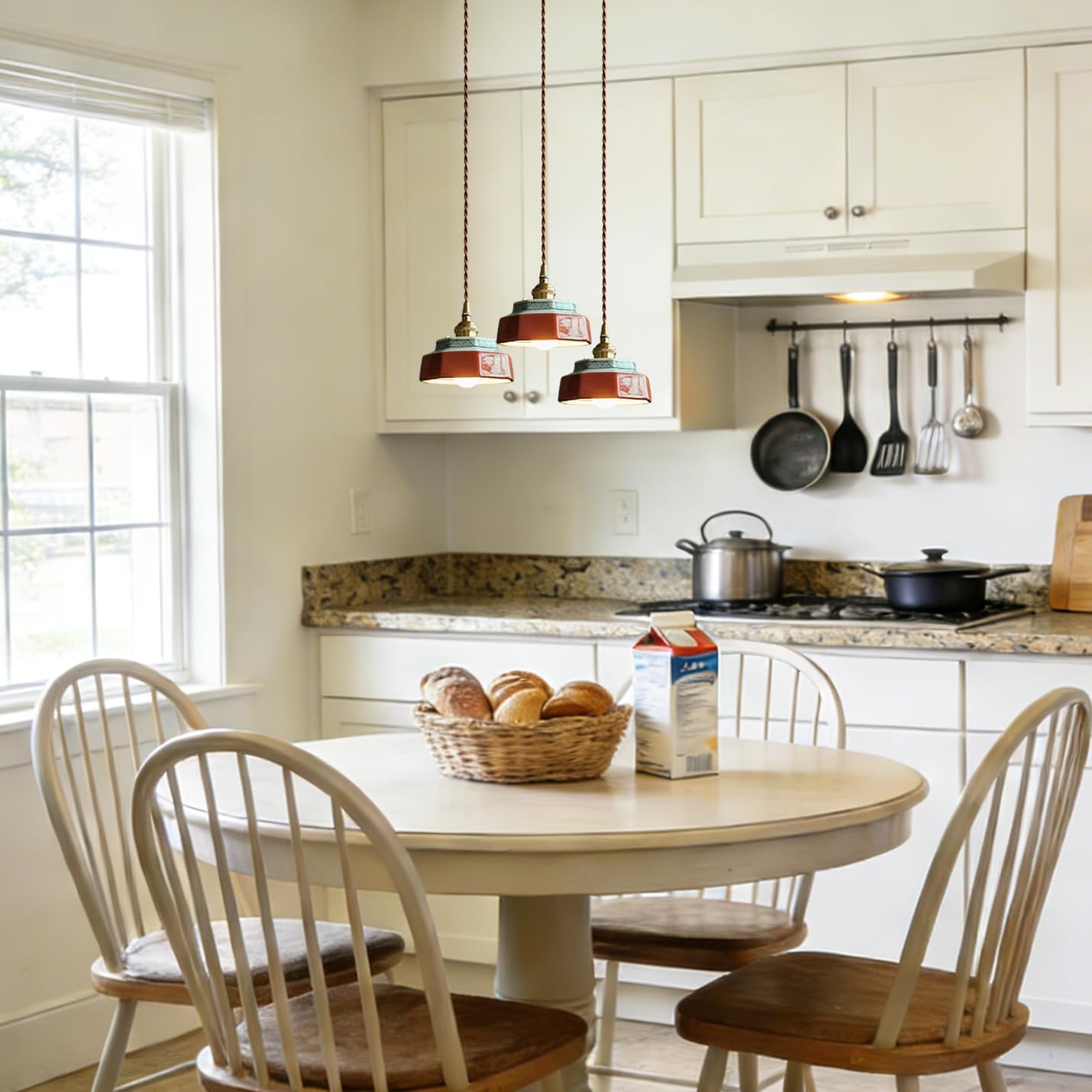 Small Pendant Light Green Glass Blue and White Porcelain Pendant Light Fixture Red Ceramic Hanging Lamp Nordic Modern Chandelier for Dining Room Bedroom Kitchen Island Farmhouse Cafe