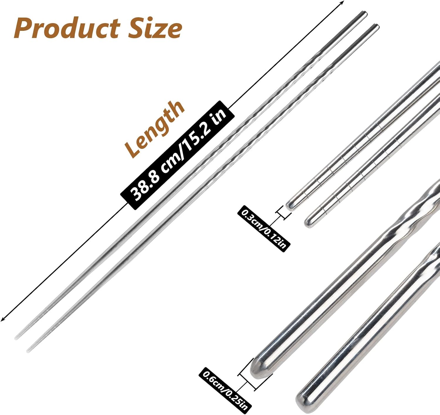 EORTA 3 Pairs Cooking Chopsticks 15.2 Inch Extra Long Stainless Steel Chopsticks with Non-slip Threaded for Hot Pot, Cooking, Frying, Noodle Chopsticks, Dishwasher Safe, Silvery