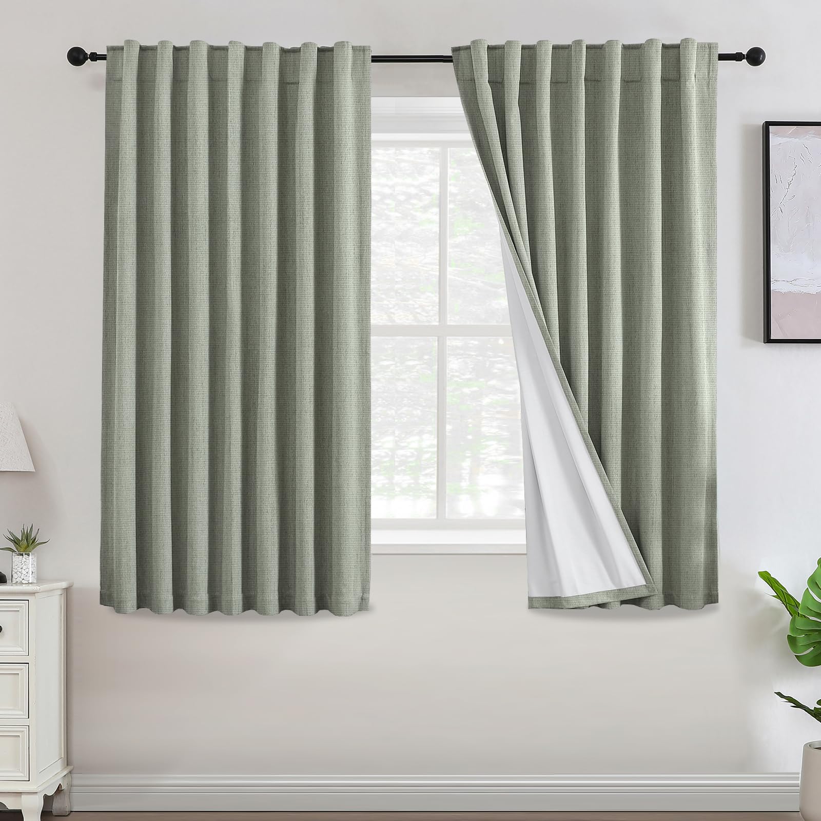 Turquoize 100% Blackout Curtains Sage Green Linen Curtains 63 Inch Length Chenille Curtain Full Light Blocking Thermal Insulated Curtain for Bedroom