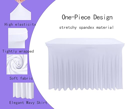 Miniatura 4 de Antuenco Falda de mesa de elastano blanca de 4 pies para mesas rectangulares, resistente a las arrugas, ajustable con falda de mesa, fundas