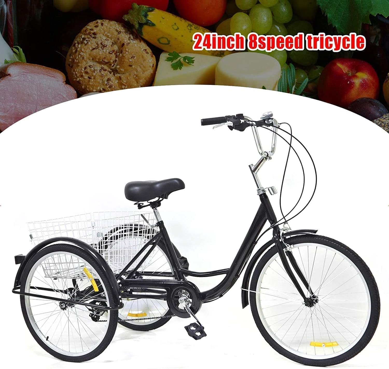 24" Dreiräder Erwachsene mit Korb - 8 Gang Dreirad für Erwachsene 110KG Last Höhenverstellbar 3 Räder Fahrrad Cityräder Cruise Einkaufsrad für 155-185cm Senioren Frauen Ältere(Schwarz)