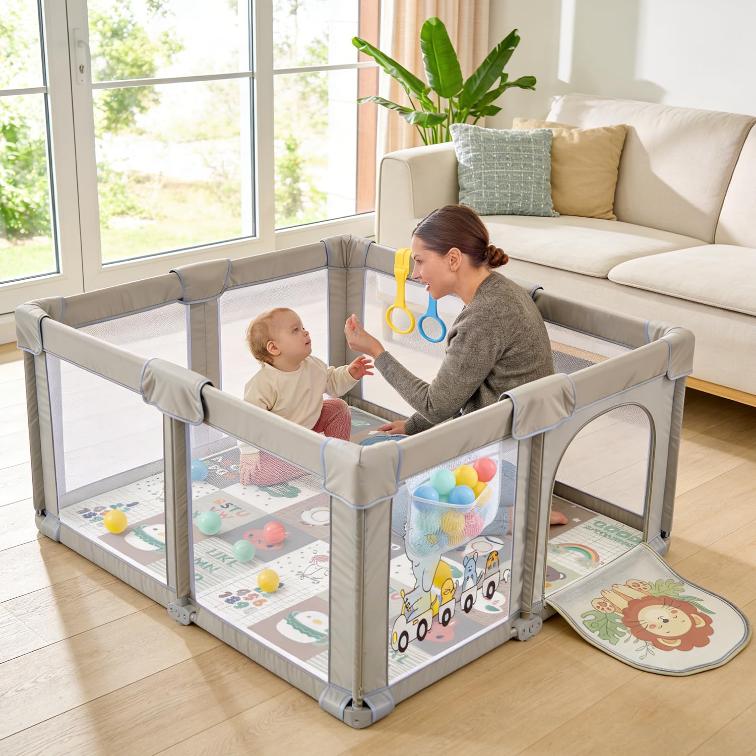 Laufstall Baby Faltbar mit Matratze, Laufgitter 360° Atmungsaktivem Netz | 300D Oxford, Sicher Spielplatz für Kinder, Innen/Außenbereich, mit Tasche, 50 Bälle, 4 Zugri (Löwe, 150 x 150 x 70 cm)