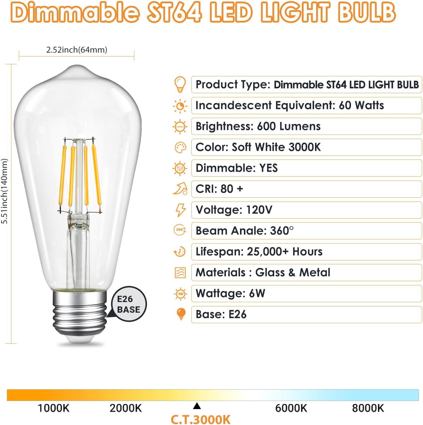 Qingmiao Dimmable LED Edison Bulbs, ST64 E26 Base LED Light Bulbs, 6W, 3000K Soft White, Vintage Clear Glass LED Filament Bulb for Home Lamp, Wall Sconce, Chandelier, 6 Pack (6W=60W 3000K Soft White)