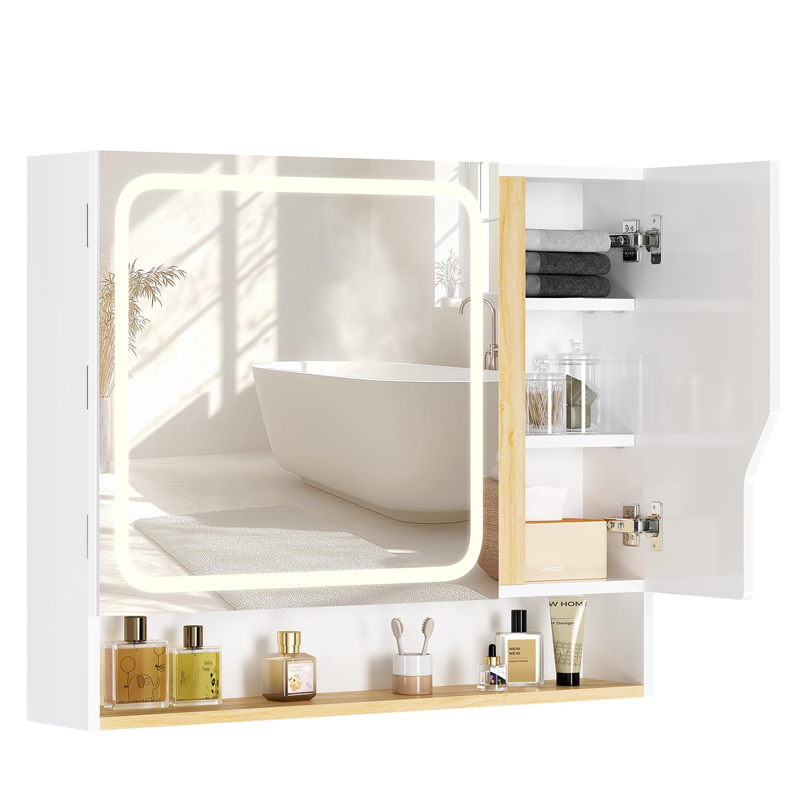 Meuble de Salle de Bain avec Éclairage LED et Miroir HD, Armoire Miroir Salle de Bain avec 3 Étagères Réglables，Température de Couleur Réglable, Armoire de Toilette, 80x16x65 cm, Blanc