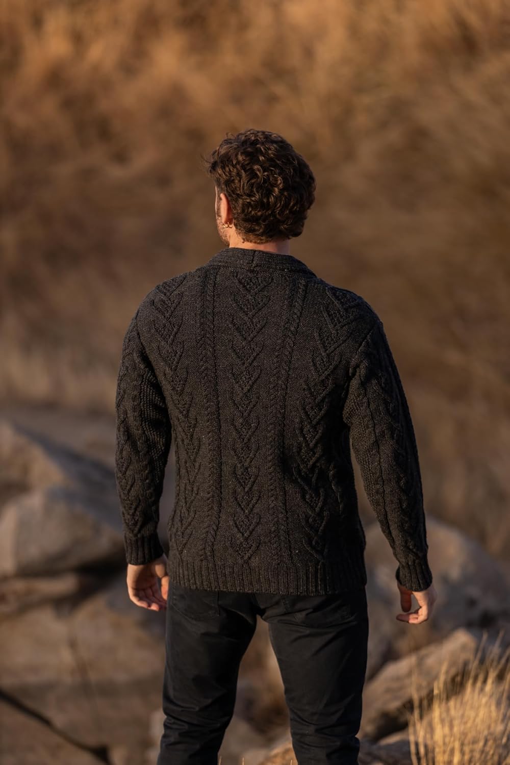 SAOL 100% Merino Wool Men's Aran Cable Knit Shawl Collar Casual Irish Cardigan with Buttons and Pockets - Image 4