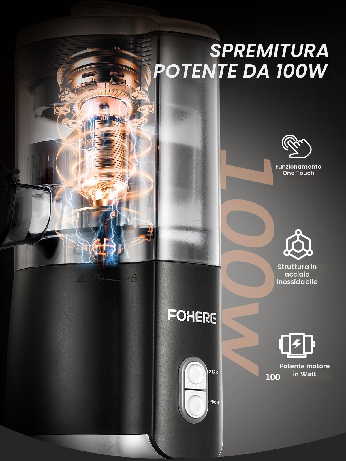 FOHERE Spremiagrumi Elettrico Automatico,100W Spremiagrumi Professionale Estrattore Frutta e Verdura con Beccuccio Antigoccia, 2 Coni Intercambiabili per Limone, Arancia, Uva e Kiwi, Nero