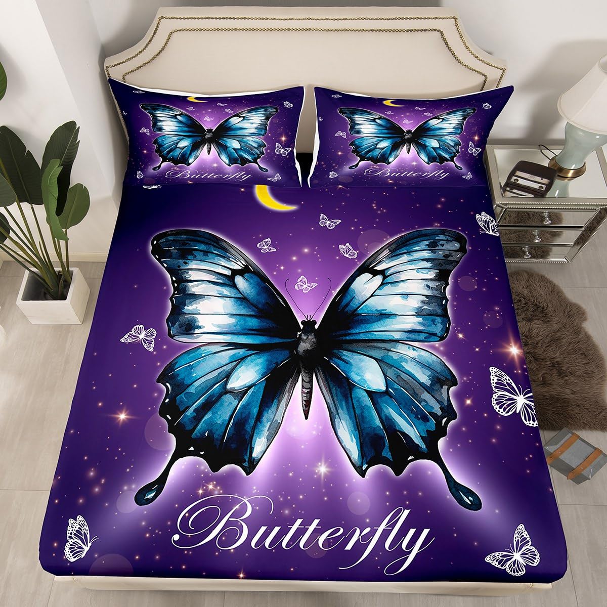 Manfei Blue Butterfly Girls Fitted Sheet King Size, White Butterfly Moon Bed Cover with 2 Pillowcases, Boho Galaxy Butterfly Bedding Set for Kids Adults Room Decor, Soft Polyester Bedding