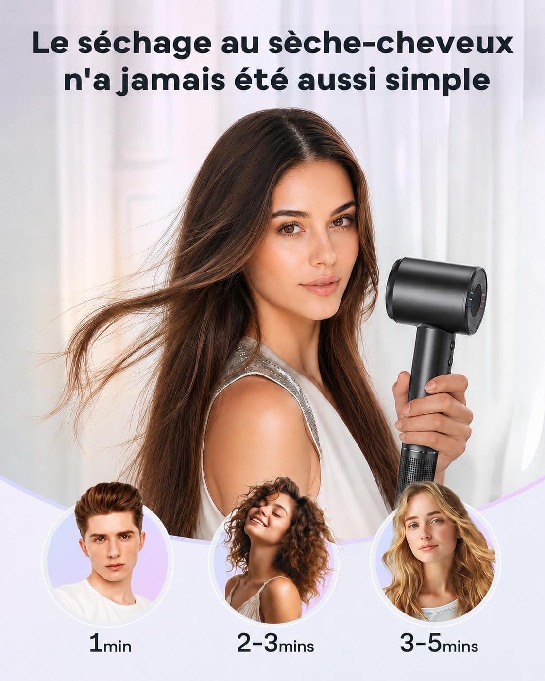 Bopcal Sèche-Cheveux Professionnel avec Diffuseur, 160000 Tr/min Haute Vitesse, Sèche Cheveux Ionique 500M Ions, Séchage Rapide Anti-Frisottis, Contrôle Intelligent Température, Léger et Silencieux