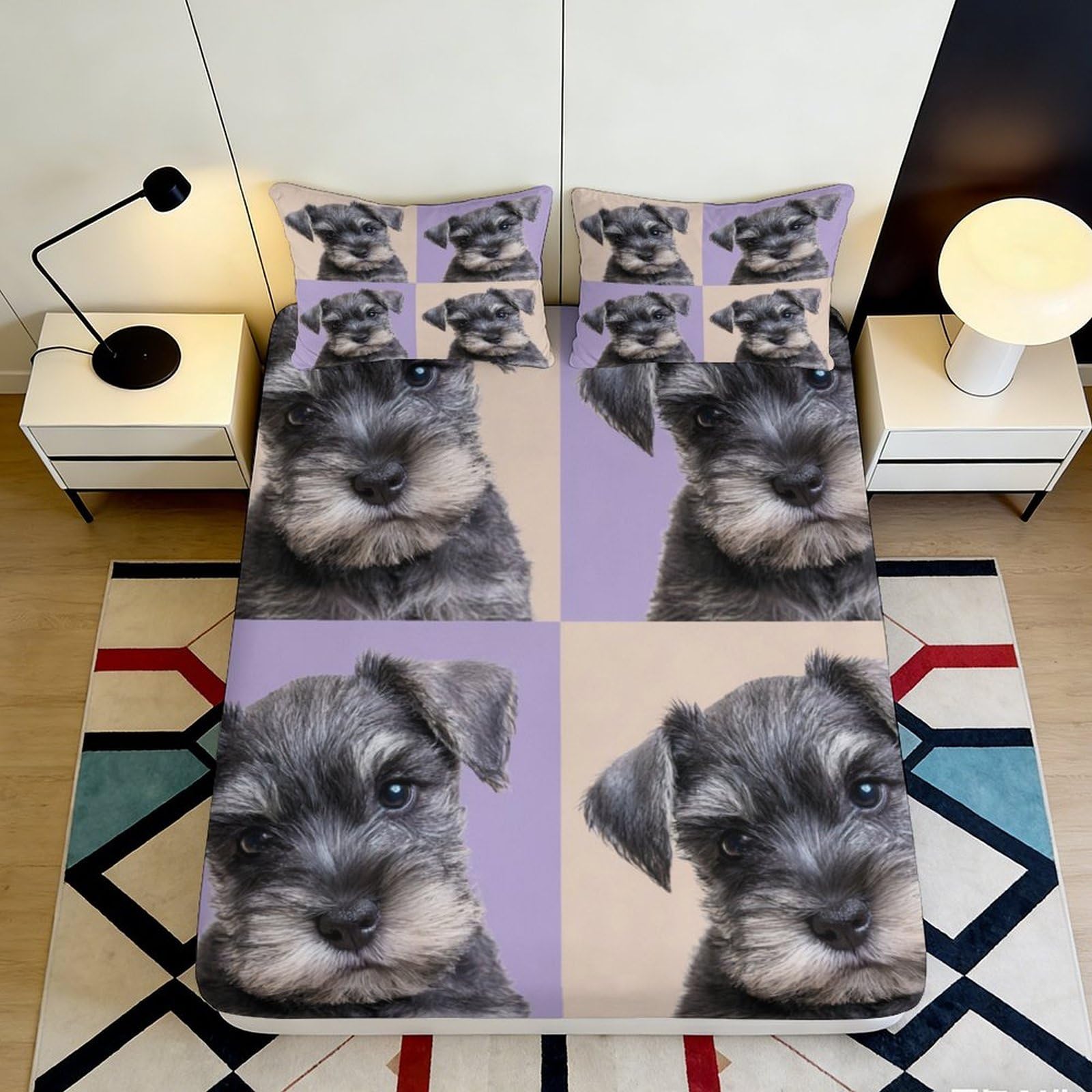 3D Printed Schnauzer Puppy Fitted Sheet Microfiber Soft Anti-Slip Dog Mattress Cover for Bedroom Guest Room Decor 90x200x25cm